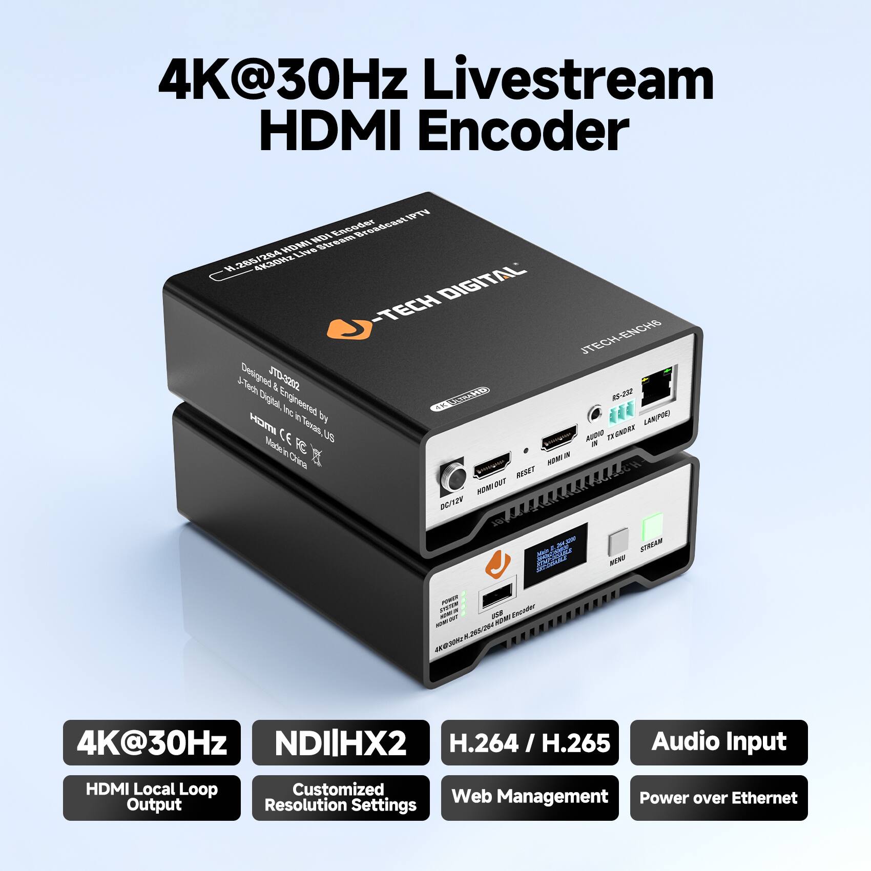 4K@30Hz Livestream HDMI Encoder

- 4K@30Hz
- HDMI Local Loop Output
- NDIHX2
- Customized Resolution Settings
- H.264 / H.265
- Web Management
- Audio Input
- Power over Ethernet