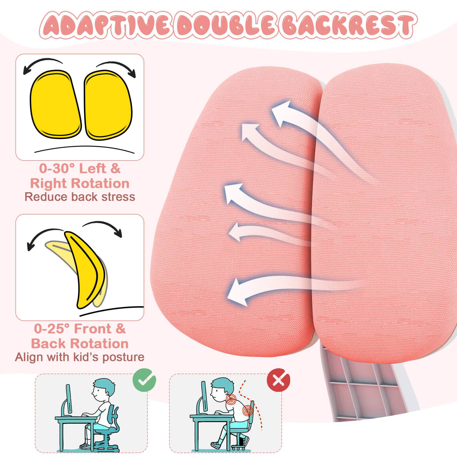 ADAPTIVE DOUBLE BACKREST

0-30° Left & Right Rotation  
Reduce back stress

0-25° Front & Back Rotation  
Align with kid's posture