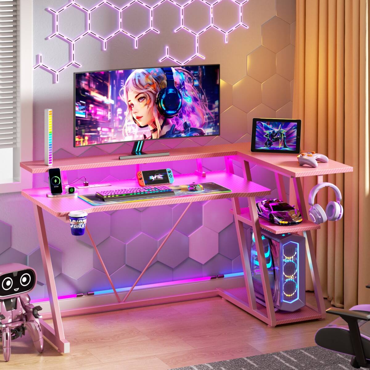 Furnulem - Gaming Desk L Shaped Corner Computer Table with Monitor Stand 3 Tier Storage Shelves Bedroom Home Office - Pink