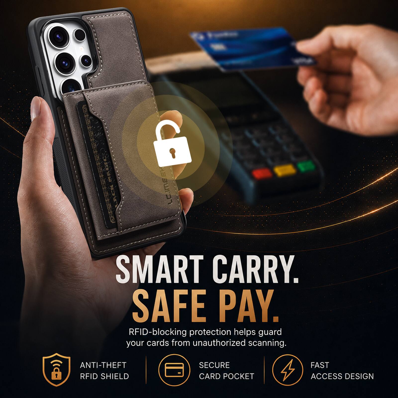 6 LCIMEE SMART CARRY. SAFE PAY. RFID-blocking protection helps guard your cards from unauthorized scanning.

ANTI-THEFT RFID SHIELD
SECURE CARD POCKET
FAST ACCESS DESIGN
