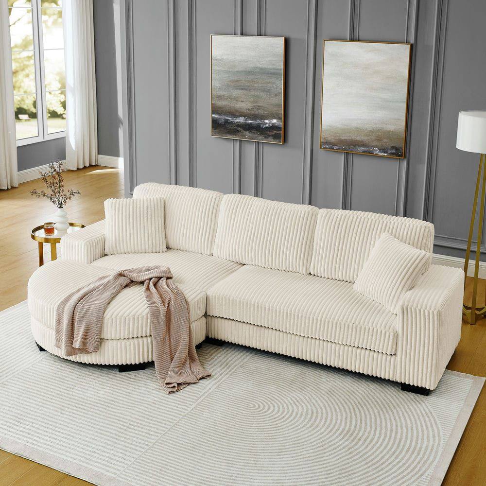 Alt View 10. Kadyn - Modular Sleeper Sectional with Ottoman, L-Shaped Corduroy Sofa with Tufted Design, Beige - Beige.