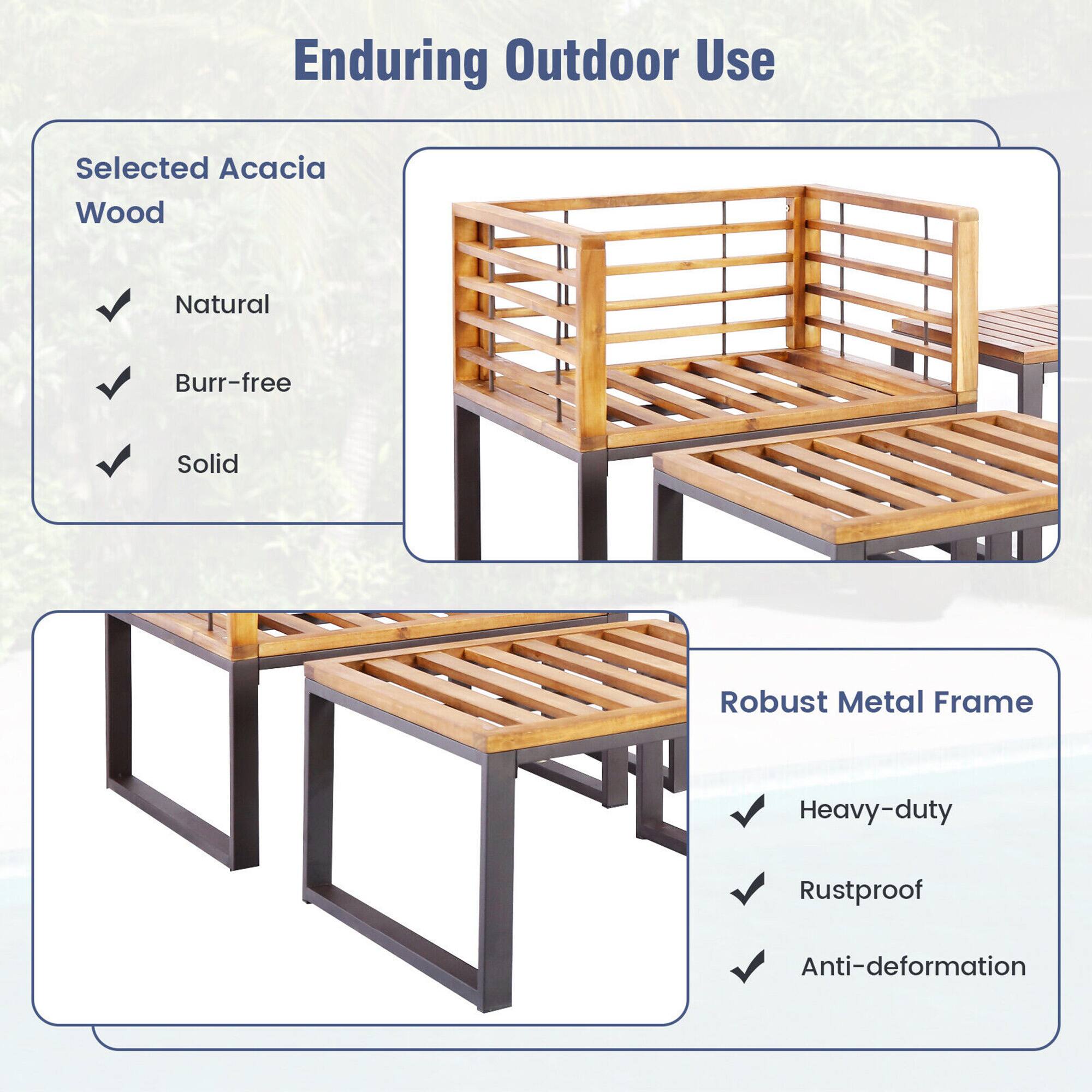 Enduring Outdoor Use
Selected Acacia Wood
Natural
Burr-free
Solid
Robust Metal Frame
Heavy-duty
Rustproof
Anti-deformation