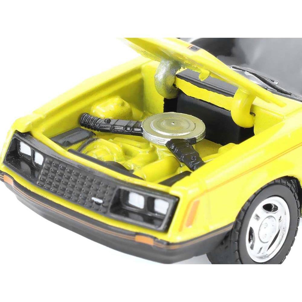 Angle. Greenlight - 1979 Ford Mustang Cobra Fastback Bright Yellow with Cobra Good Graphics "GreenLight Muscle" Series 30 1/64 - Yellow with Black.