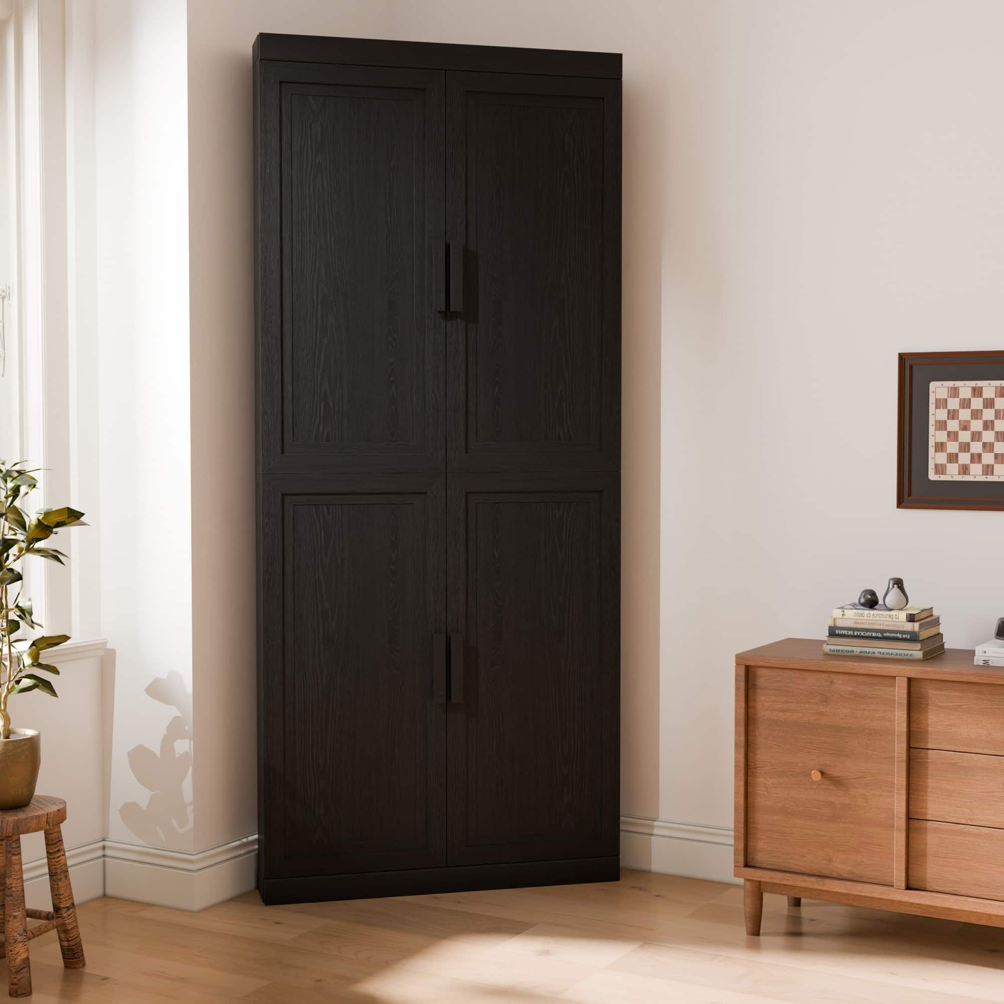 PexFix - 72" Farmhouse Corner Accent Storage Cabinet with Solid Wood Doors and Adjustable Shelves for Space-Saving - Black