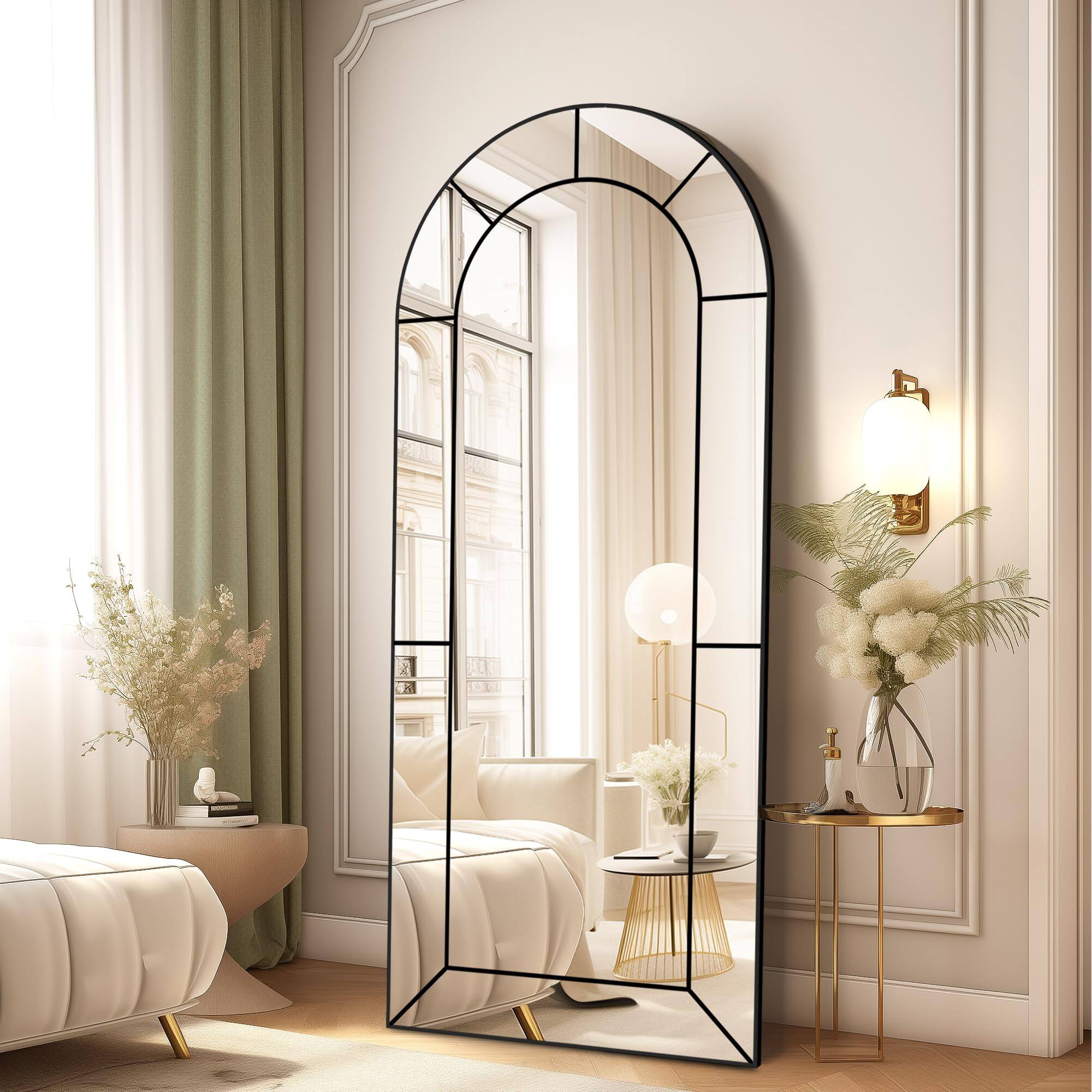 Cedar Assembly - Wall Mirror Full Length Floor Window Pane For Living Room Decor Decorative Art Bedroom Hallway Arch-56"x22" - Black-65"x28"