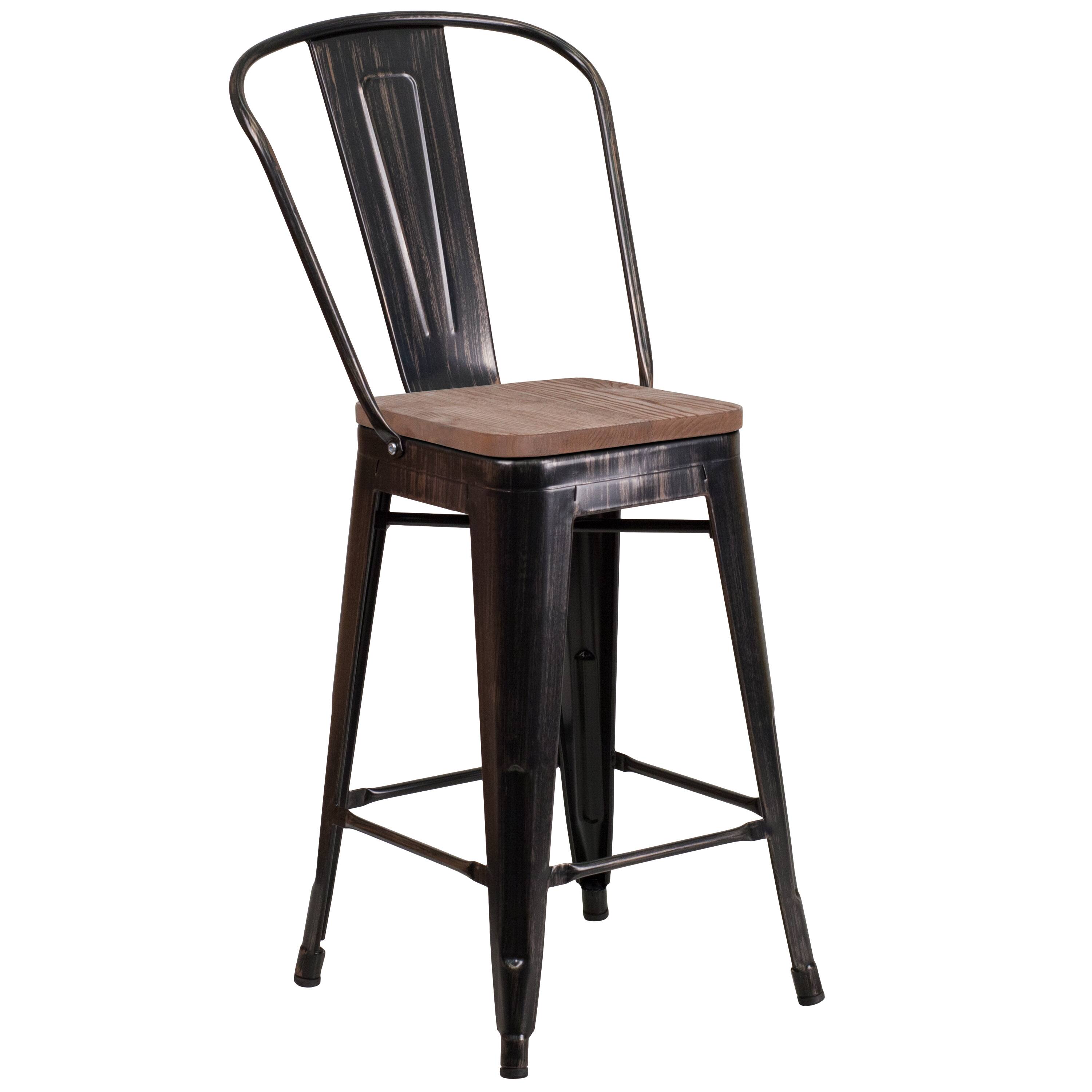 Alt View 1. Emma + Oliver - 24"H Metal Counter Height Stool with Back and Square Wood Seat - Black-Antique Gold.