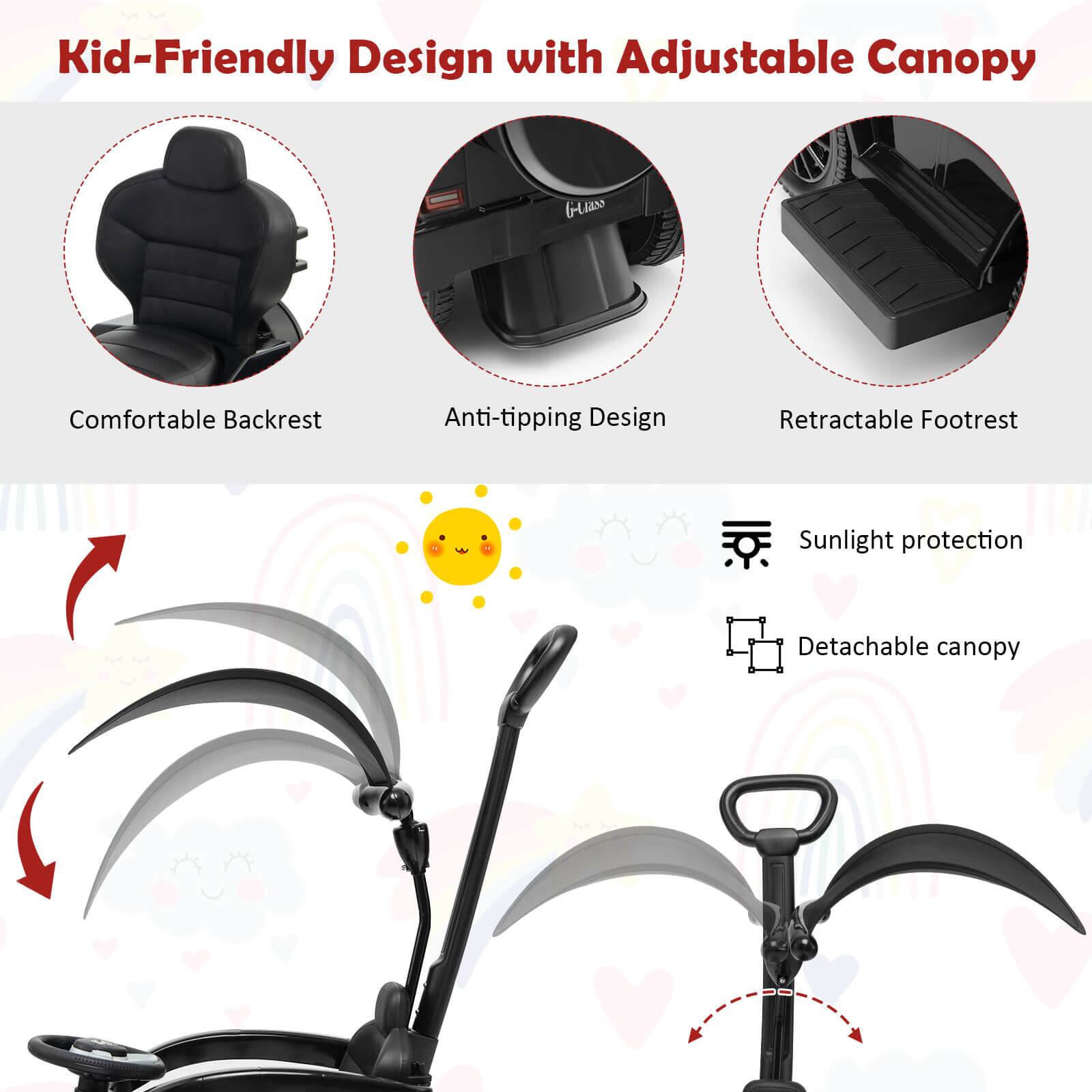Kid-Friendly Design with Adjustable Canopy

- Comfortable Backrest
- Anti-tipping Design
- Retractable Footrest
- Sunlight protection
- Detachable canopy