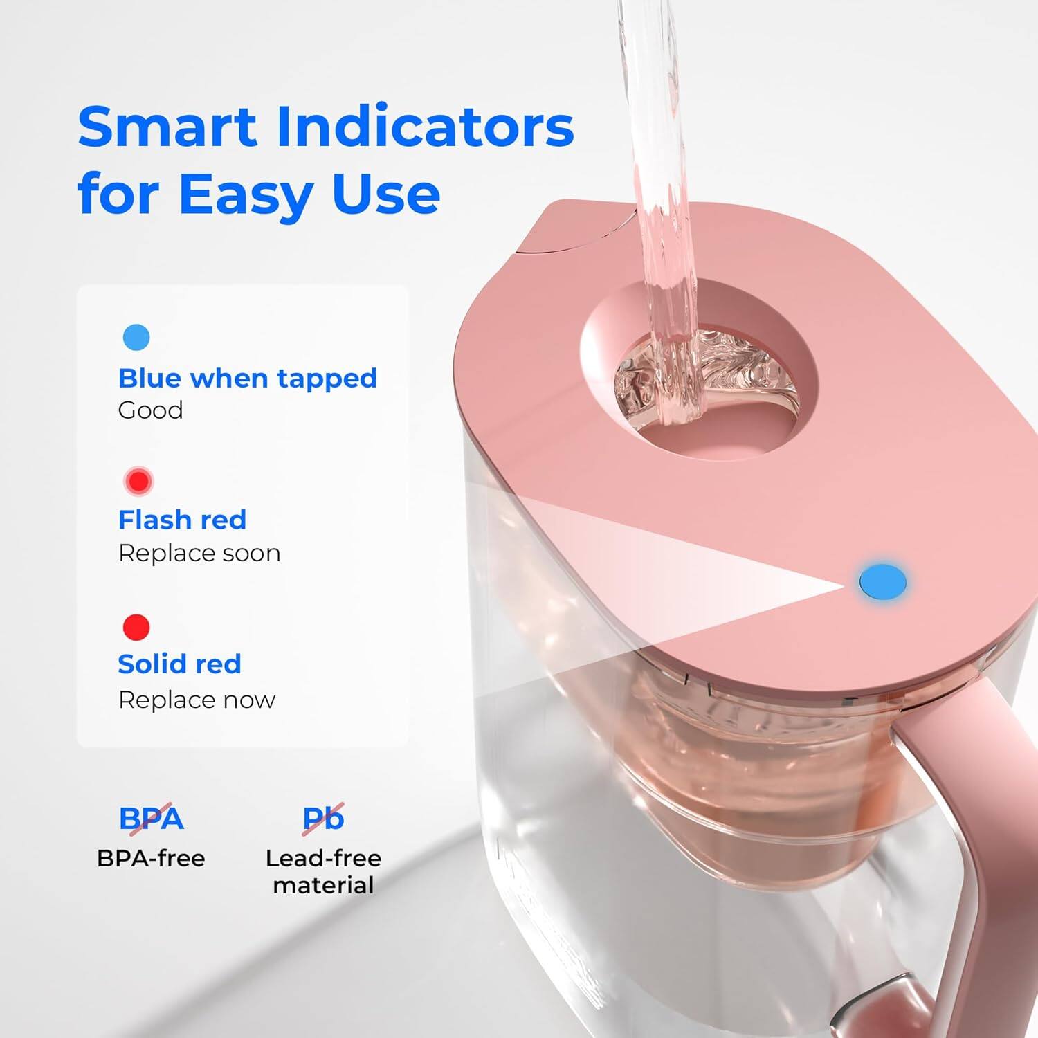Smart Indicators for Easy Use

- Blue when tapped
  - Good

- Flash red
  - Replace soon

- Solid red
  - Replace now

BPA
- BPA-free

Pb
- Lead-free material