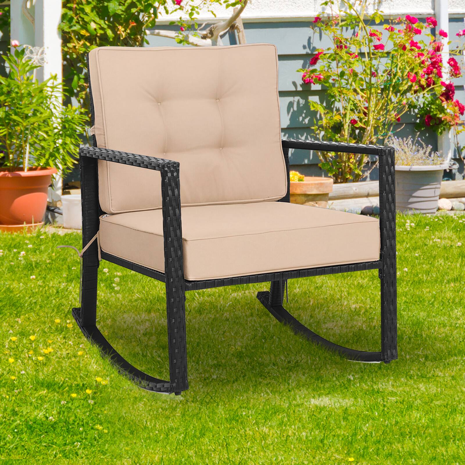 Alt View 4. Costway - Costway 2PCS Patio Rattan Rocker Chair Outdoor Glider Rocking Chair Cushion Lawn - Black+Beige.
