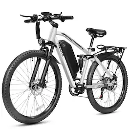 Eskute - 27.5" Electric Mountain Bike, 1500W Peak Motor, 80-Mile Range, Full Suspension, NFC Unlock with Fenders + Rear Rack - White