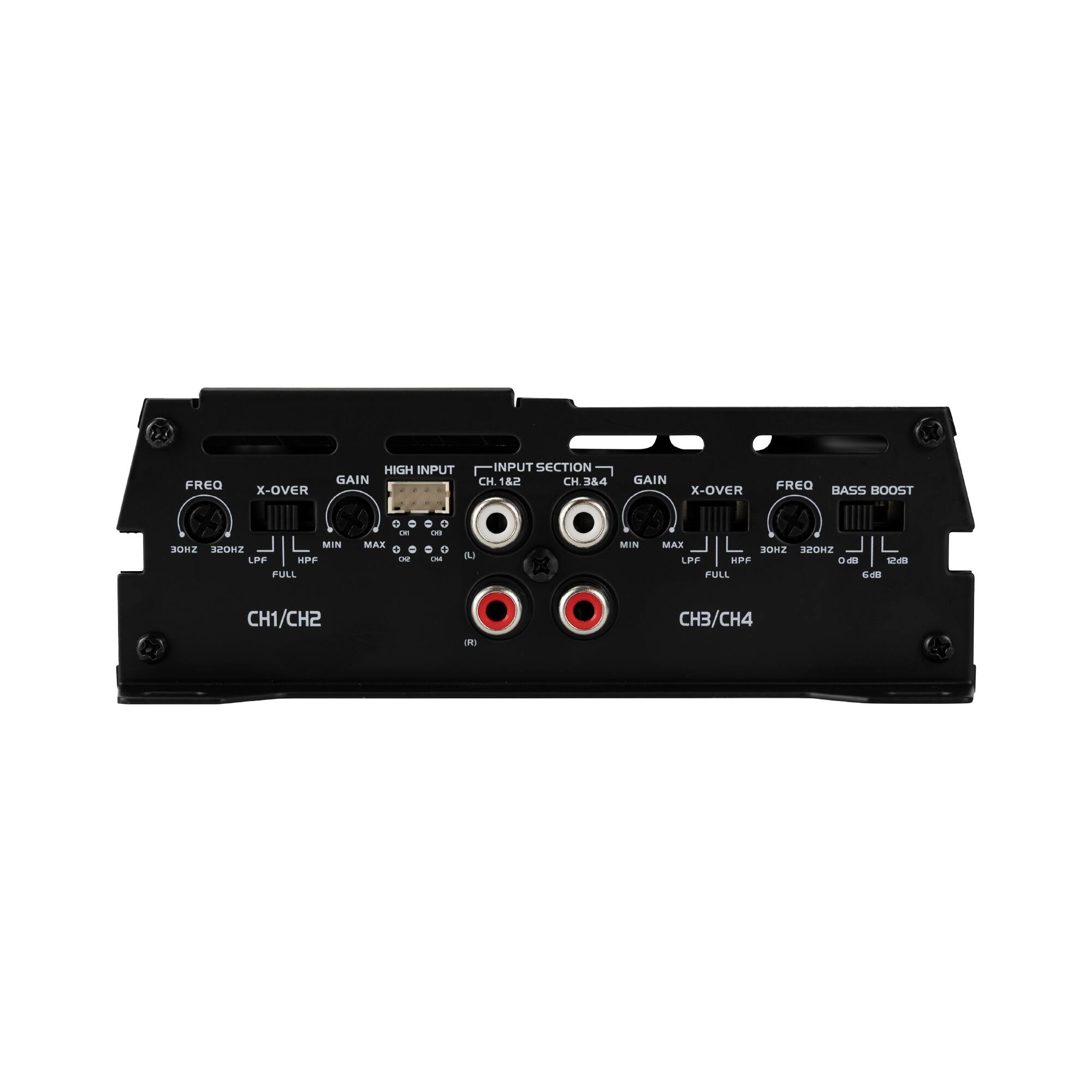 FREQ  
X-OVER  
HIGH INPUT GAIN  
INPUT SECTION CH. 1&2 CH.3&4  
GAIN X-OVER  
FREQ BASS BOOST  
MIN SHOE 320HZ LPF HPF FULL  
MAX C 00  
00  
(L)  
MIN  
MAX ZHOE 320HZ LPF HPF 0d8 12d8 FULL 8P9  
CH1/CH2  
()  
CH3/CH4