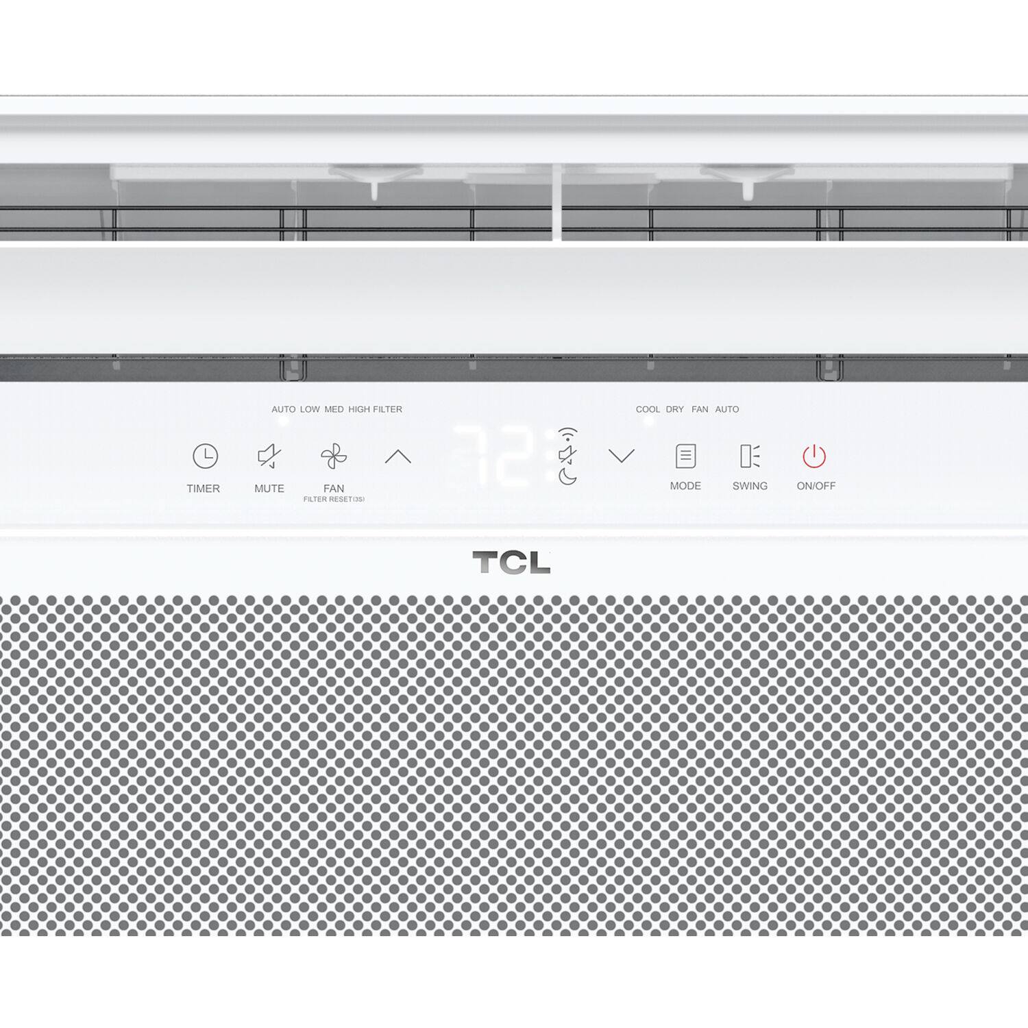 The text on the image reads: "TCL 72°C Auto Low/Med/High Fan Speed Cool/Heat Fan Auto Mode Swing On/Off".