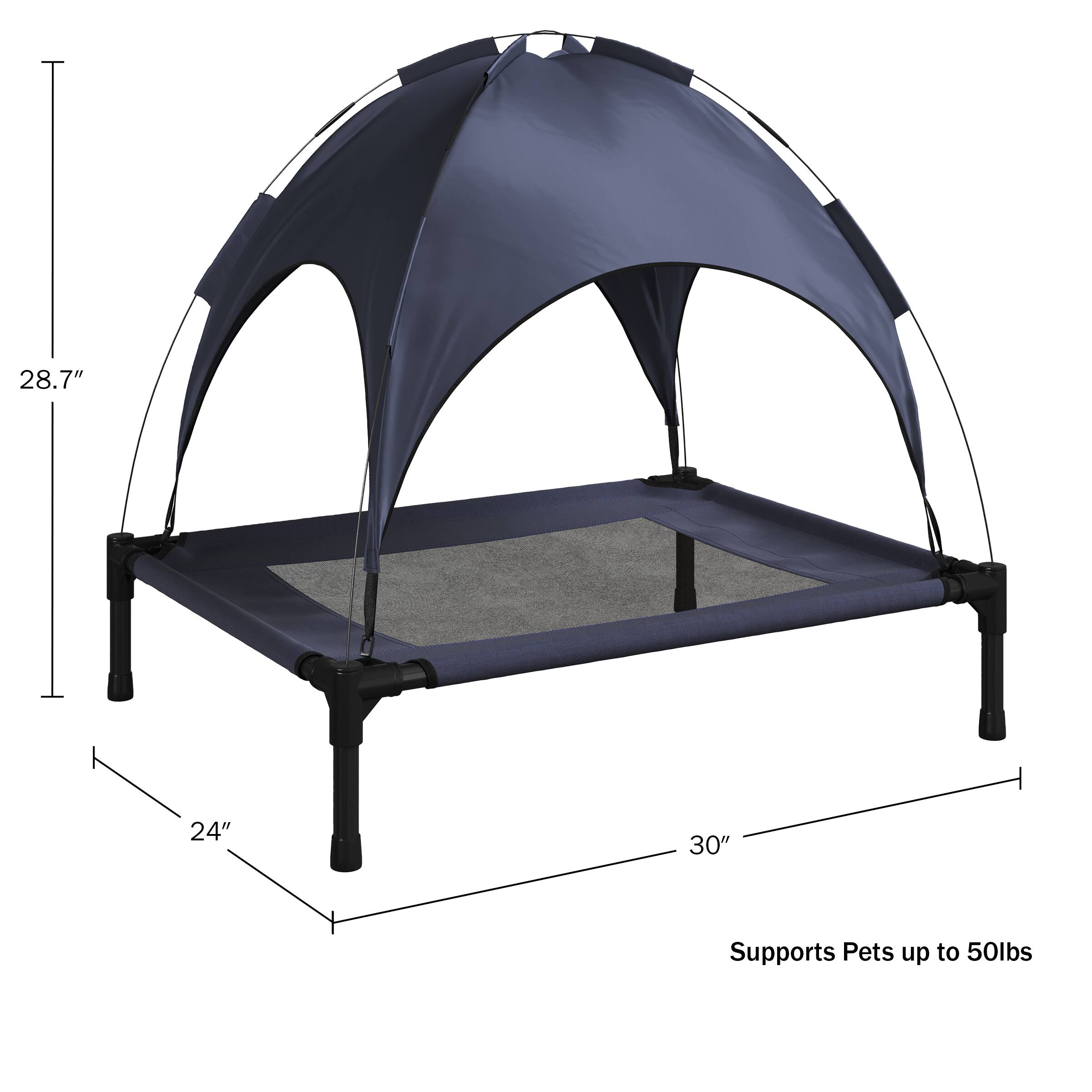 28.7" x 24" x 30"  
Supports Pets up to 50lbs