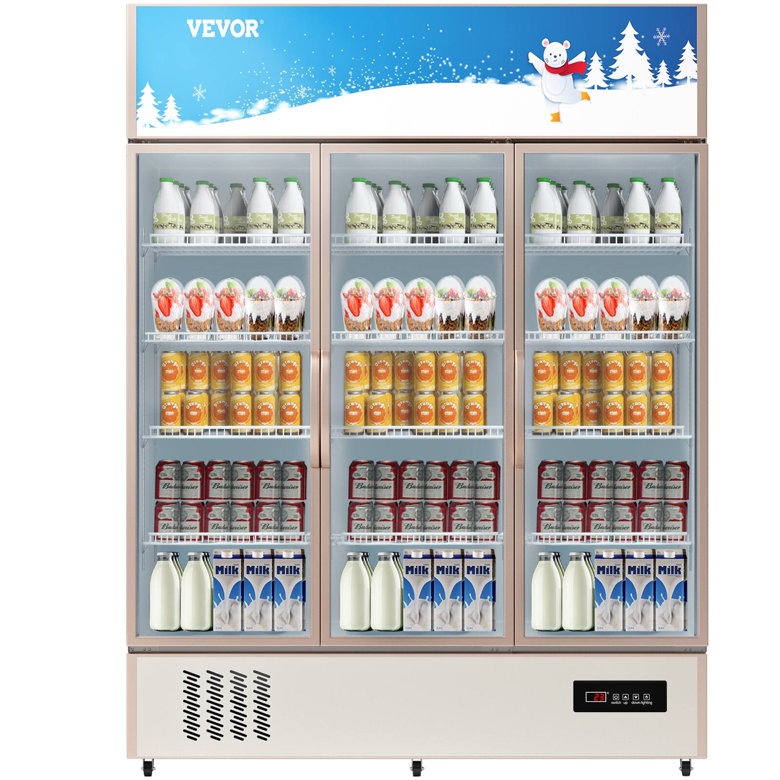 VEVOR - Commercial Refrigerator,Display Fridge Upright Beverage Cooler, Glass Door with LED Light (35 cu.ft. Triple Swing Door) - Silver