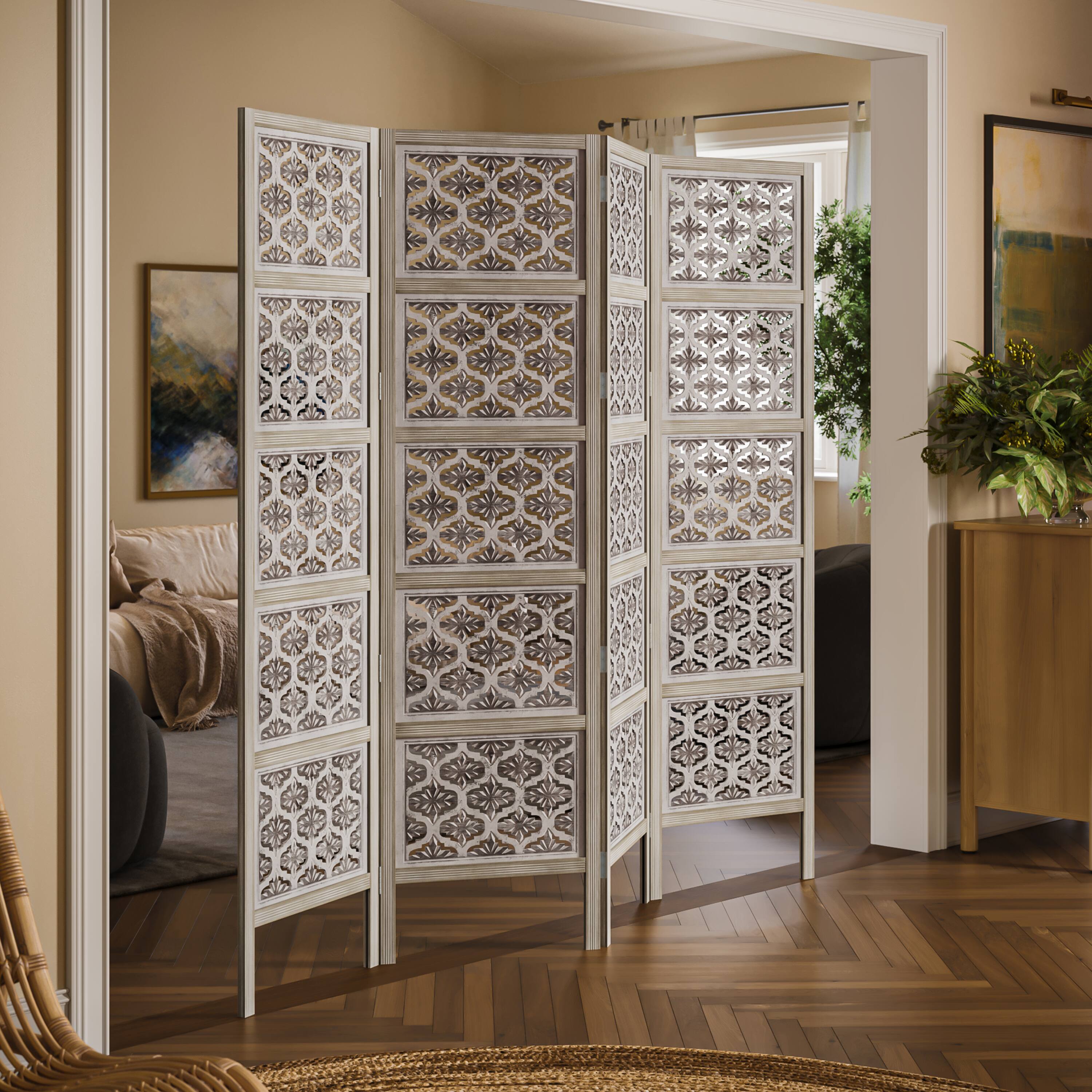 Alt View 9. Manhattan Lane - Taj 4 Panel Folding Room Divider Screen, Antique White Mango Wood, Floral Carved Design - White.