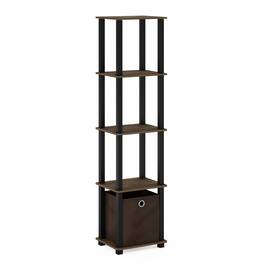 Furinno - TNT No Tools 5-Tier Display Decorative Shelf with One Bin, Columbia Walnut/Black/Dark Brown - Columbia Walnut/Black/Dark Brown