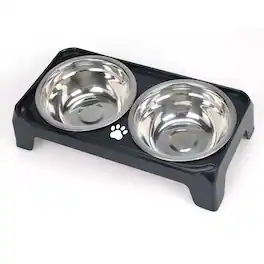 Supet - Stainless Steel Double Bowl with Square Stand for Puppies & Cats - Black