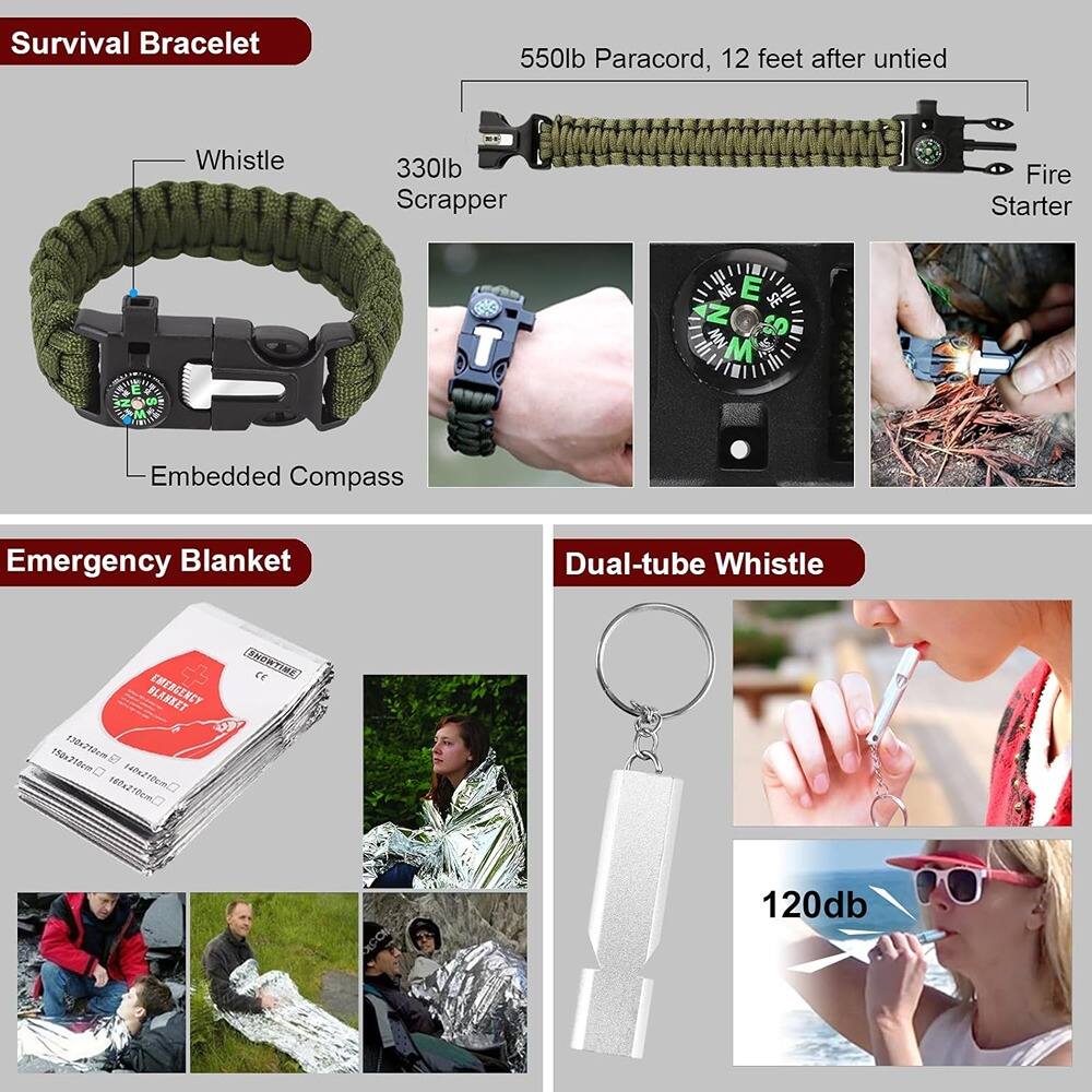 Survival Bracelet  
550lb Paracord, 12 feet after untied  
Whistle  
330lb Scraper  
Fire Starter  
Embedded Compass  

Emergency Blanket  

Dual-tube Whistle  
120db
