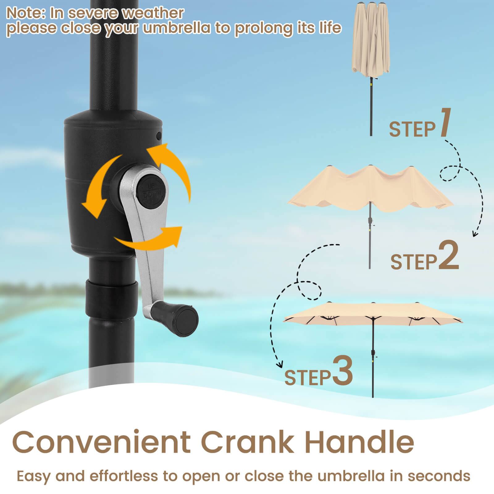 Note: In severe weather, please close your umbrella to prolong its life.

1. Convenient Crank Handle
2. Easy and effortless to open or close the umbrella in seconds.