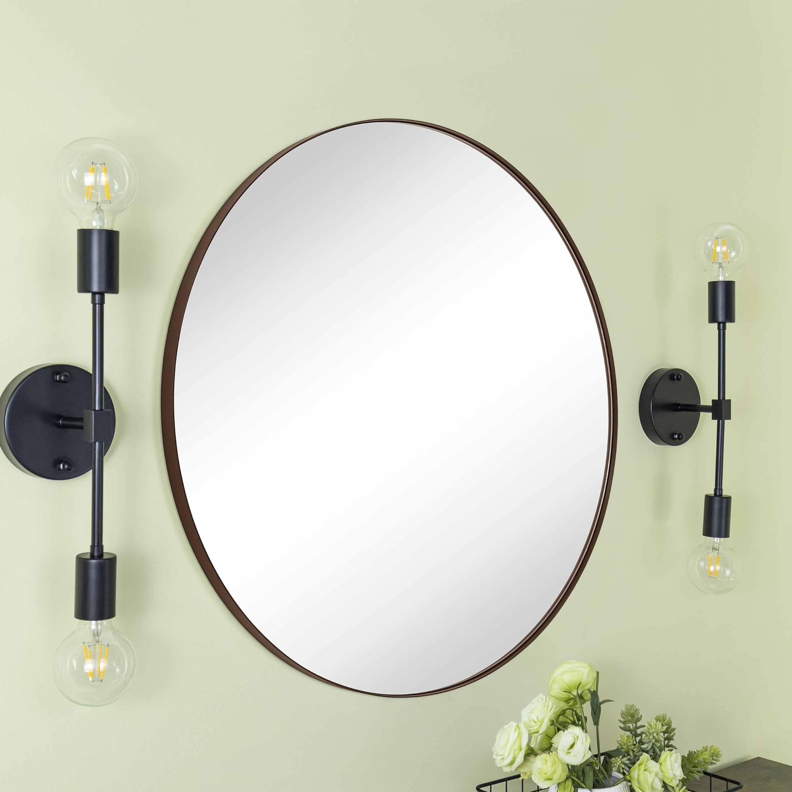 Alt View 2. TECH SAFARI - Oil Rubbed Round Mirror Dark Circle Wall Mounted Circular For Bathroom Vanity - Brushed Nickel 36"L x 36"W.