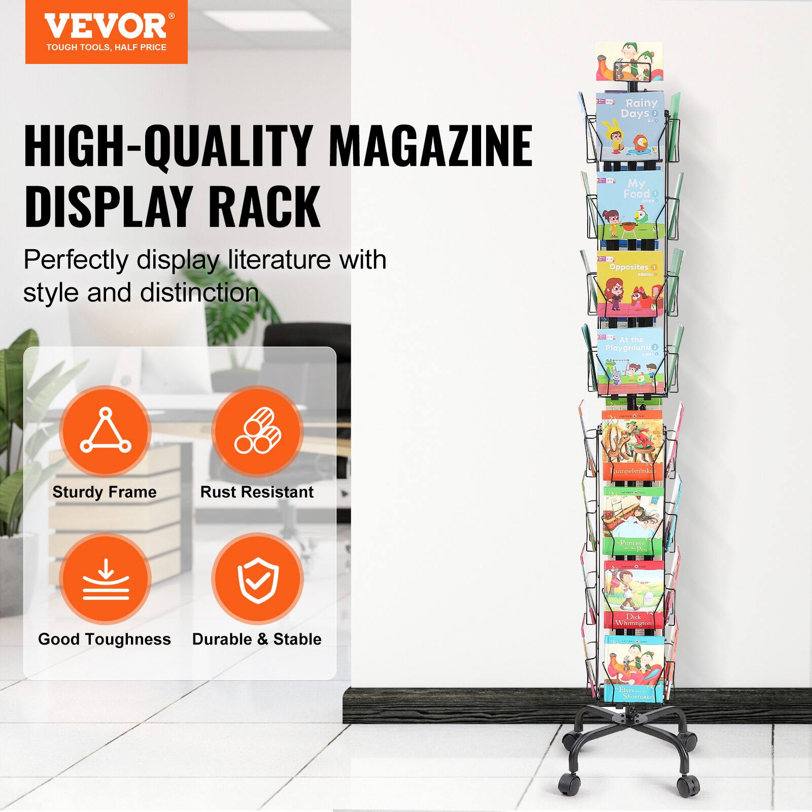 VEVOR  
TOUGH TOOLS, HALF PRICE  

HIGH-QUALITY MAGAZINE DISPLAY RACK  
Perfectly display literature with style and distinction  

- Sturdy Frame  
- Rust Resistant  
- Good Toughness  
- Durable & Stable  

Rainy Days  
My Food  
Opposites  
At the Playground  
Dick Whittington