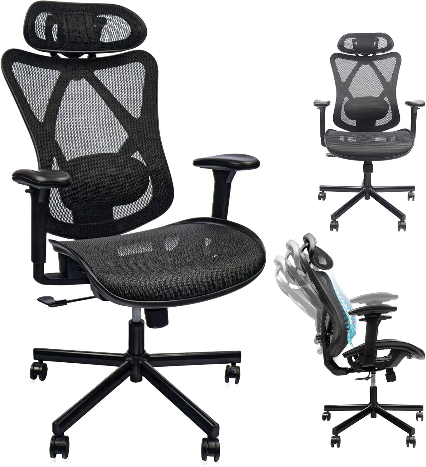 Alt View 1. Forest'nSky - Mesh Office Chair, Ergonomic Desk Chair with Adjustable Lumbar Support, Armrest, Headrest and Tilt with Mute Wheels - Black.