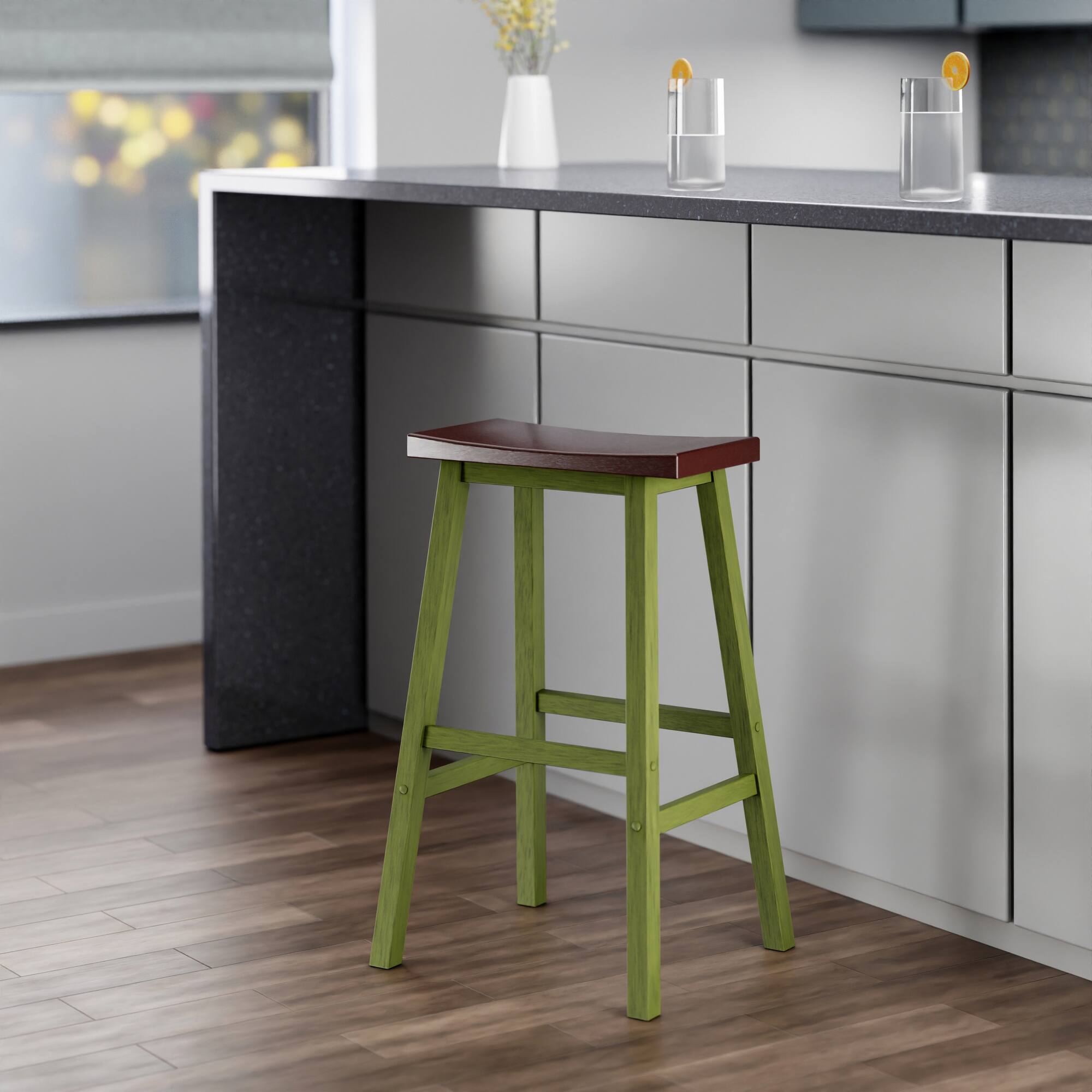 Alt View 7. Winsome Wood - Satori Saddle Seat Bar Stool - Walnut/Rustic Green.