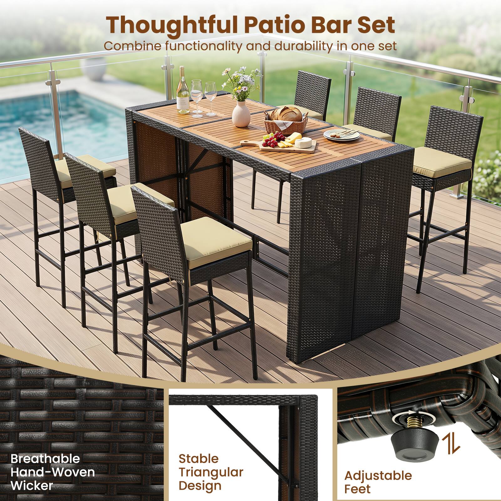 Thoughtful Patio Bar Set  
Combine functionality and durability in one set

Breathable Hand-Woven Wicker  
Stable Triangular Design  
Adjustable Feet