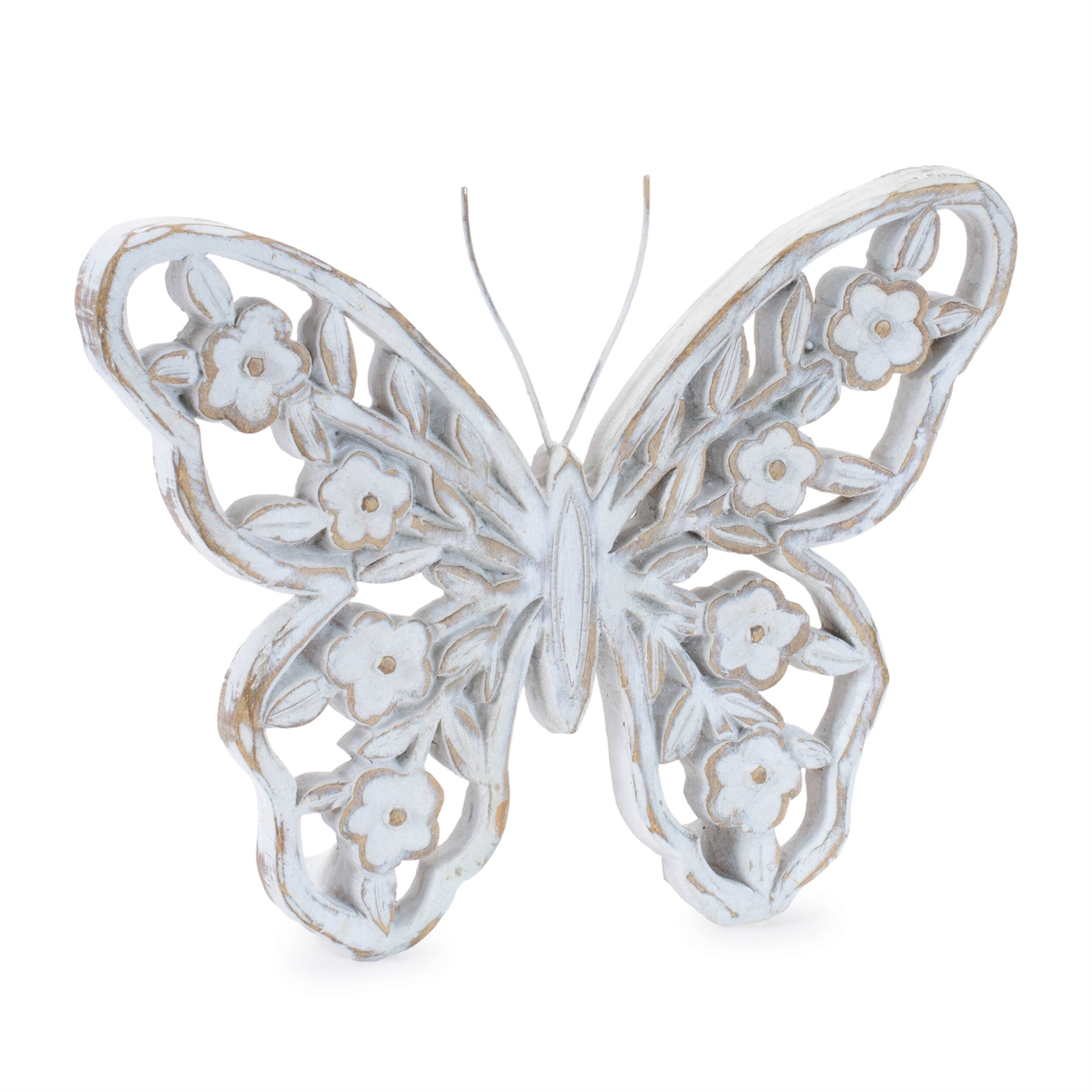 Left. BreeBe - White Washed Floral Butterfly Decor (Set of 2) - White, Beige.