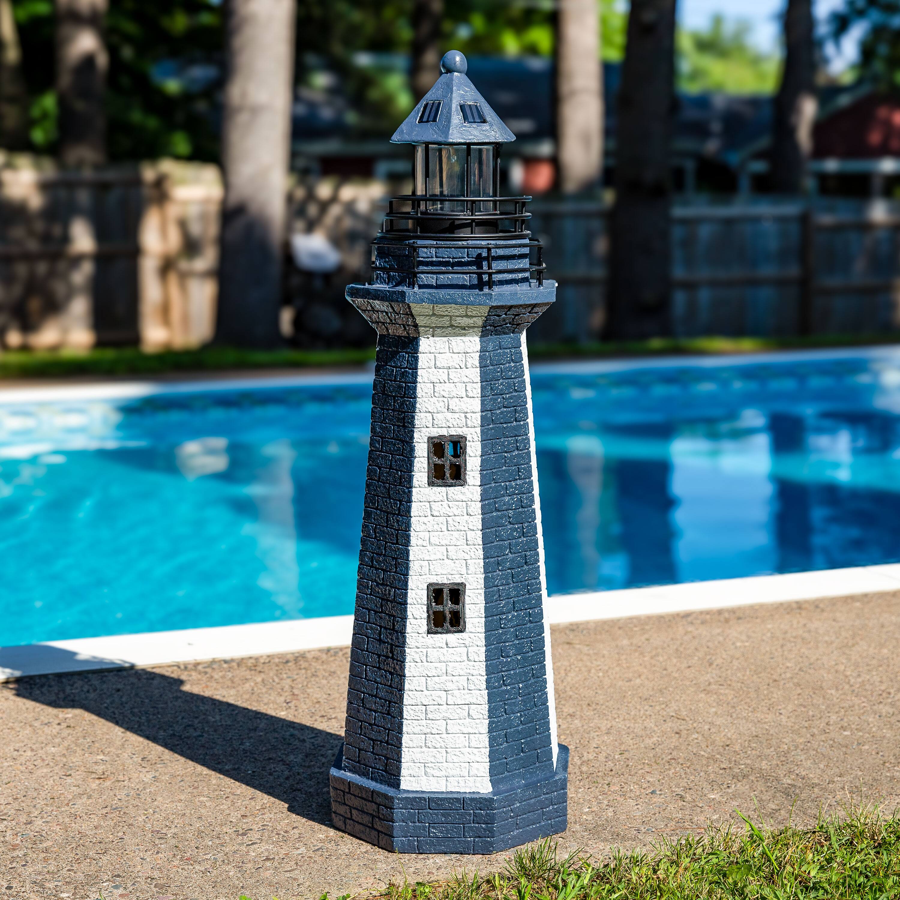Alt View 3. Sunnydaze - 36 in Resin and Metal Solar LED Lighthouse Statue - Blue Stripe.