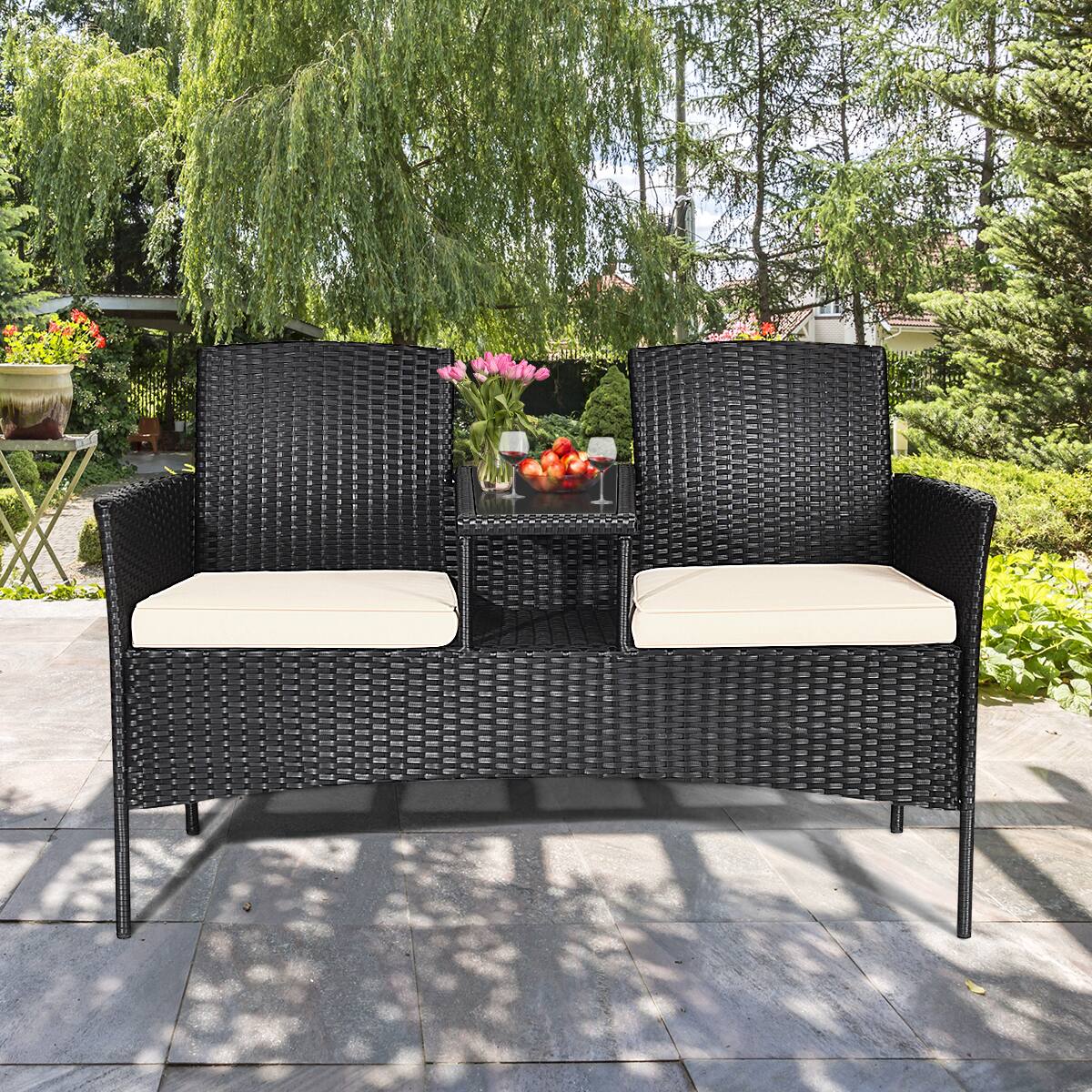 Alt View 5. Gymax - Gymax Cushioned Rattan Wicker Patio Conversation Set w/ Table Steel Frame - Black.