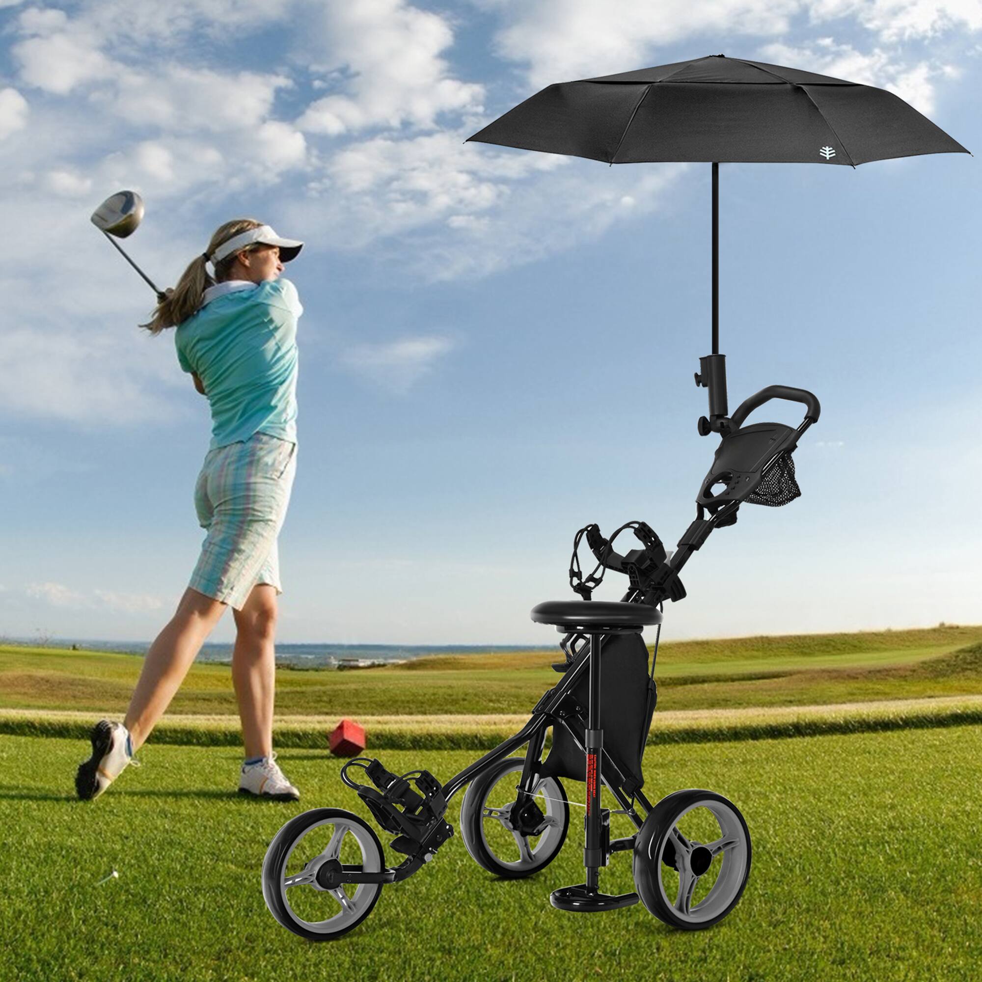 Alt View 3. Gymax - Gymax 3-Wheel Foldable Golf Push Pull Cart Trolley w/ Seat Adjustable Handle Grey - Grey.