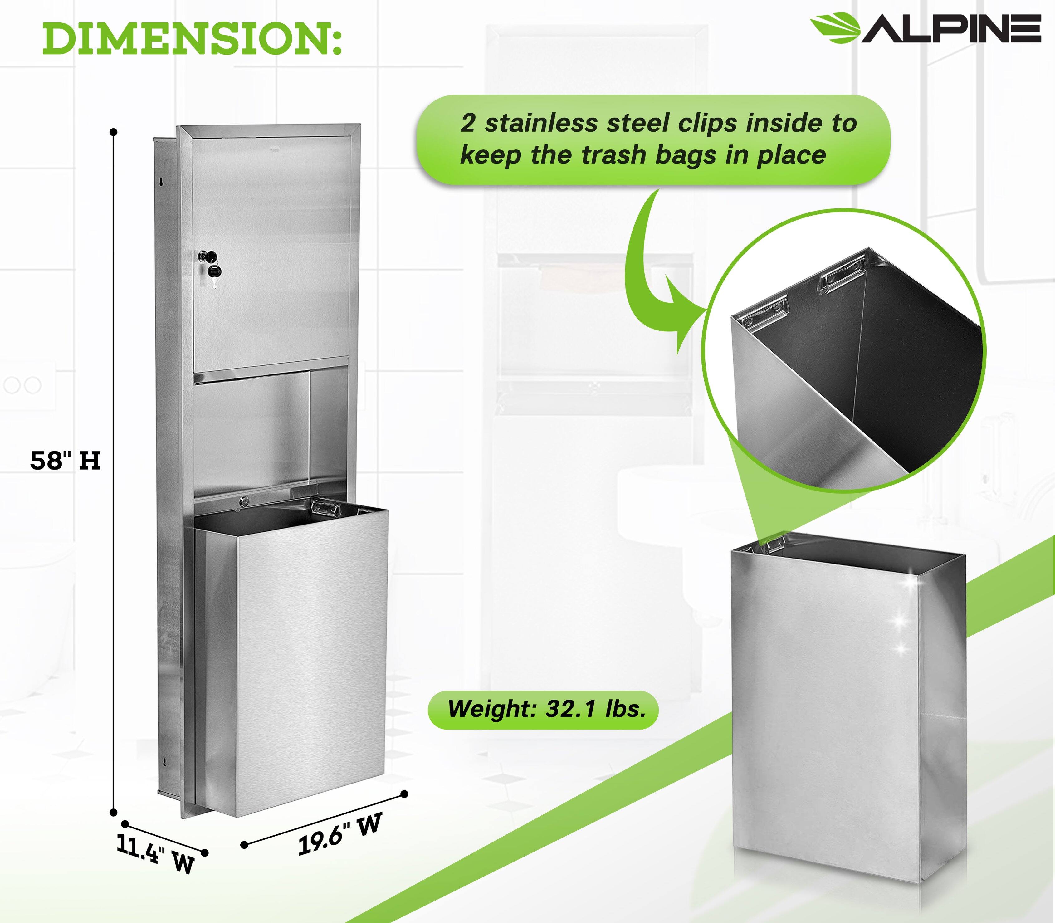 DIMENSION: 58" H 11.4" W 19.6" W

ALPINE 2 stainless steel clips inside to keep the trash bags in place

Weight: 32.1 lbs.