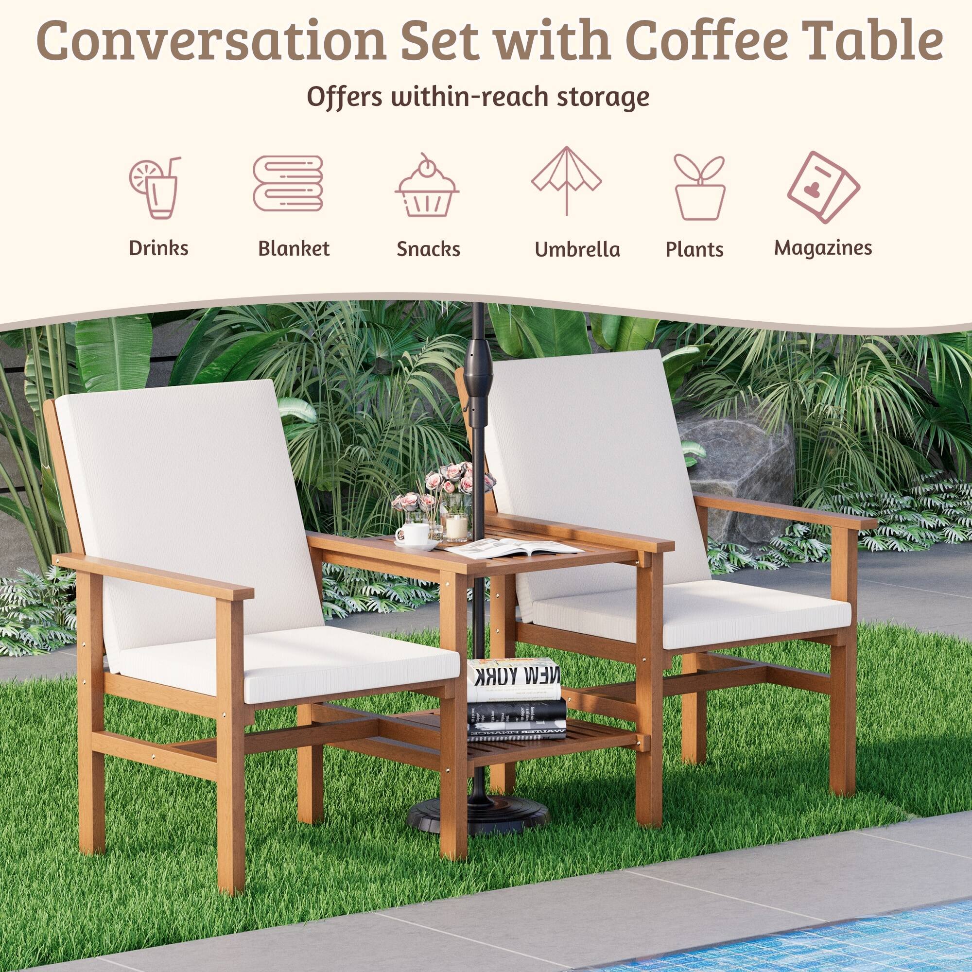 Conversation Set with Coffee Table  
Offers within-reach storage  

- Drinks  
- Blanket  
- Snacks  
- Umbrella  
- Plants  
- Magazines