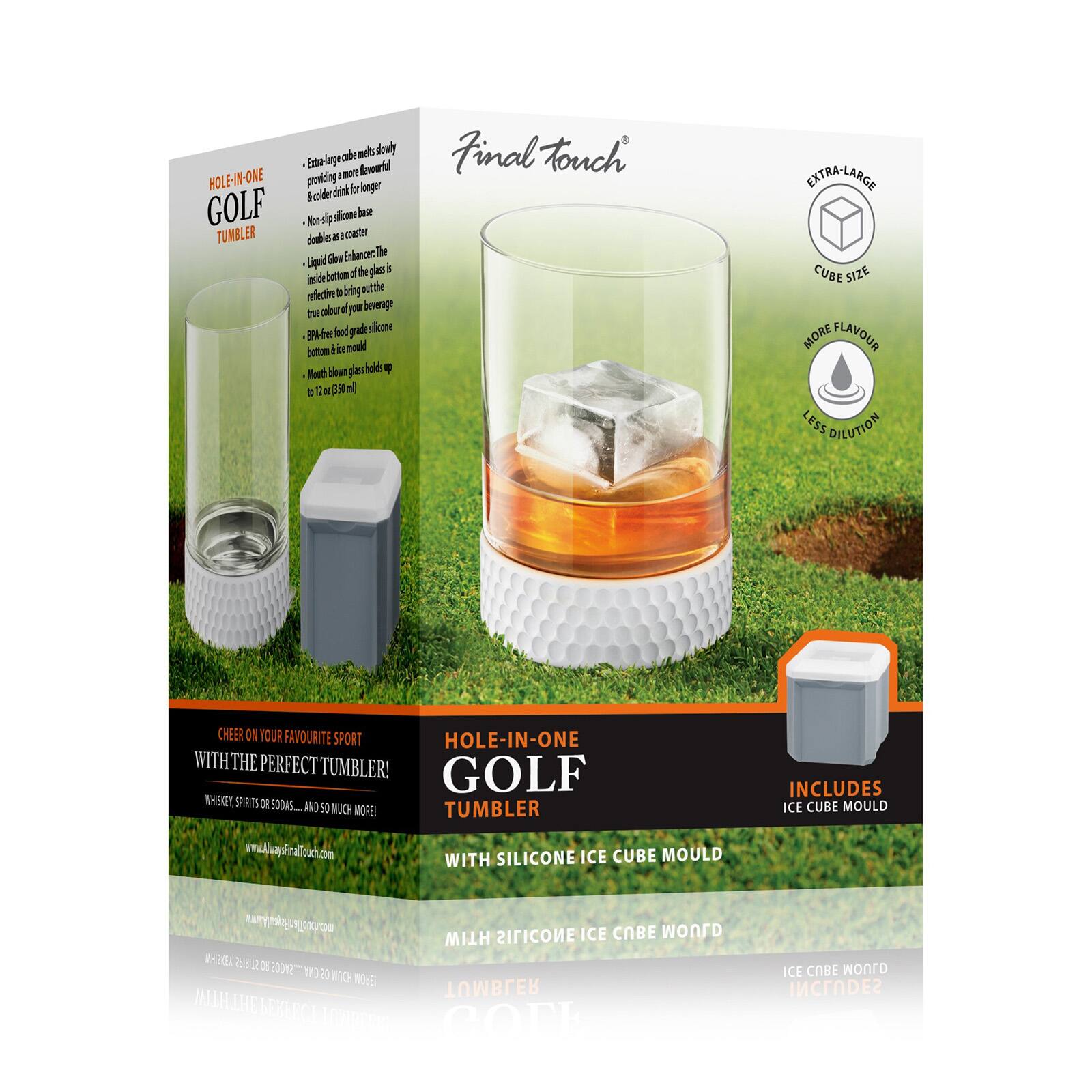 - Extra-large cube melts slowly & flavourful
- Non-slip silicone base doubles as a coaster
- Liquid Glow Enhancer: The inside bottom of the glass is reflective to bring out the true colour of your beverage
- BPA-free food grade silicone bottom & mould
- Mouth blown glass tumbler holds up to 12 fl. oz. (350 ml)
- COFFR-LARGE CUBE SIZE MORE FLAVOUR LESS DILUTION
- CHEER ON YOUR FAVOURITE SPORT HOLE-IN-ONE WITH THE PERFECT TUMBLER! GOLF WHISKEY, SPIRITS OR SODAS... AND SO MUCH MORE!
- www.dalveyFinalTouch.com
- WITH SILICONE ICE CUBE MOULD
- INCLUDES ICE CUBE MOULD