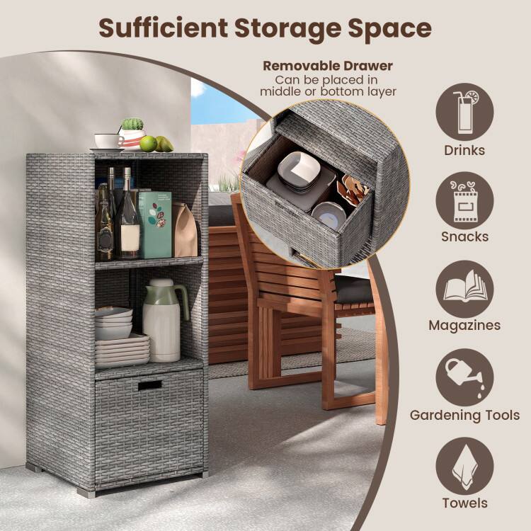 Sufficient Storage Space  
Removable Drawer  
Can be placed in middle or bottom layer  

Drinks  
Snacks  
Magazines  
Gardening Tools  
Towels