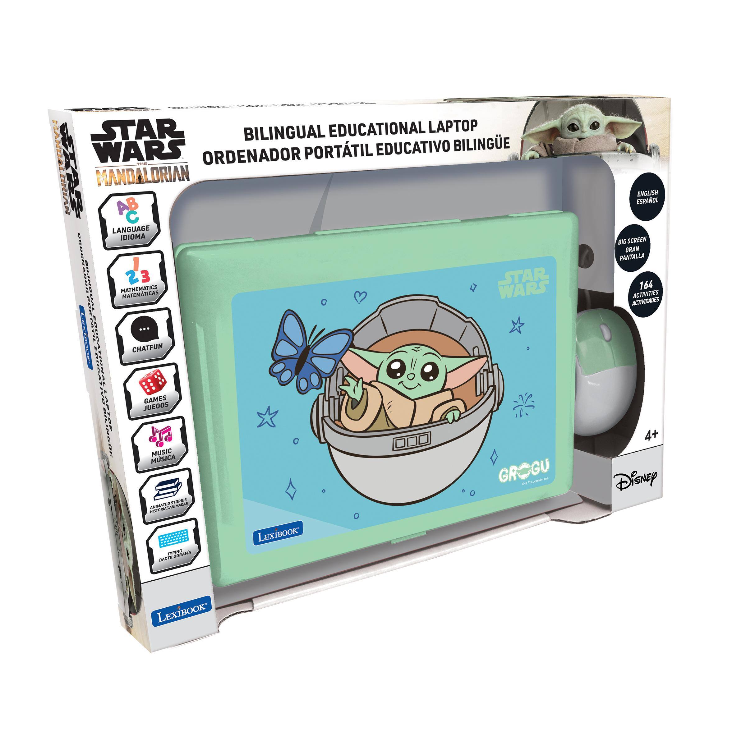 STAR WARS MANDALORIAN  
BILINGUAL EDUCATIONAL LAPTOP  
ORDENADOR PORTÁTIL EDUCATIVO BILINGÜE  

AB  
LANGUAGE IDIOMA  
1 2 3  
MATHEMATICS MATEMÁTICAS  
CHATFUN  
ENGLISH ESPAÑOL  
BIG SCREEN GRAN PANTALLA  
164 ACTIVITIES ACTIVIDADES  
GAMES JUEGOS  
MUSIC MÚSICA  
ANIMATED STURKS BACTILOGRAFA  
TYPING  
LEXIBOOK  
GROGU  
4+ Disney  
LEXIBOOK