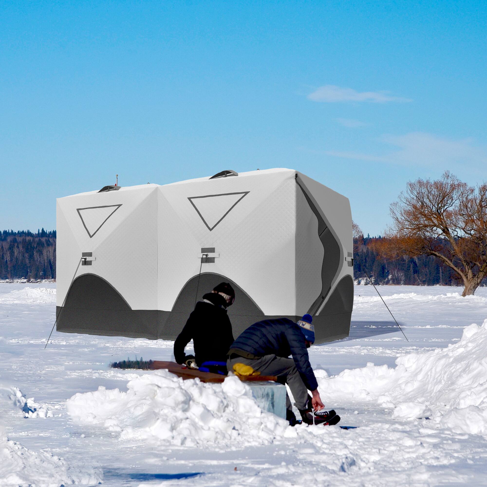 Alt View 8. Outsunny - Person Ice Fishing Shelter, Pop-Up Ice Shanty Tent, Insulated Portable Tent with 2 Doors & Carrying Bag - Light Gray.