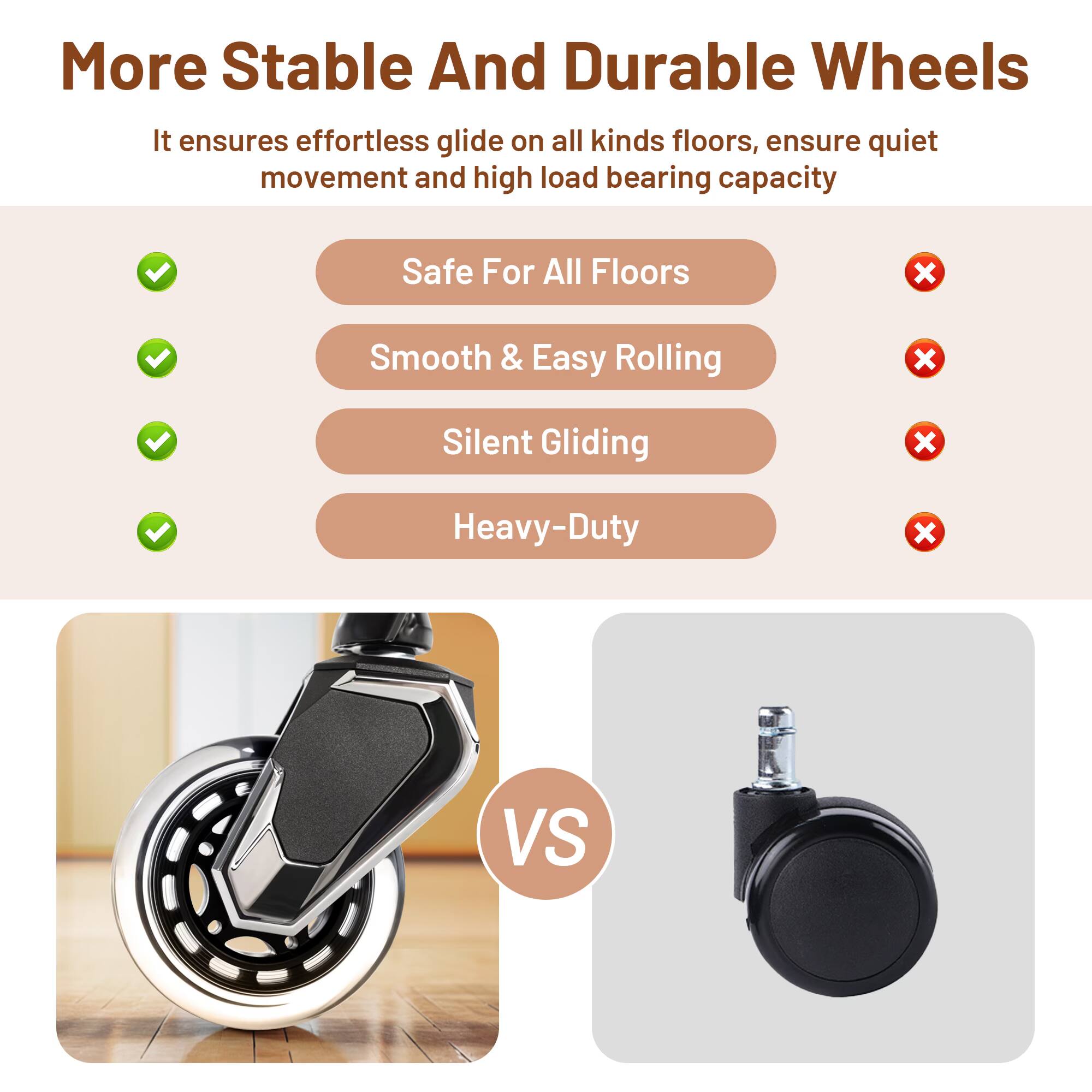 More Stable And Durable Wheels

It ensures effortless glide on all kinds of floors, ensuring quiet movement and high load-bearing capacity

- Safe For All Floors
- Smooth & Easy Rolling
- Silent Gliding
- Heavy-Duty

VS