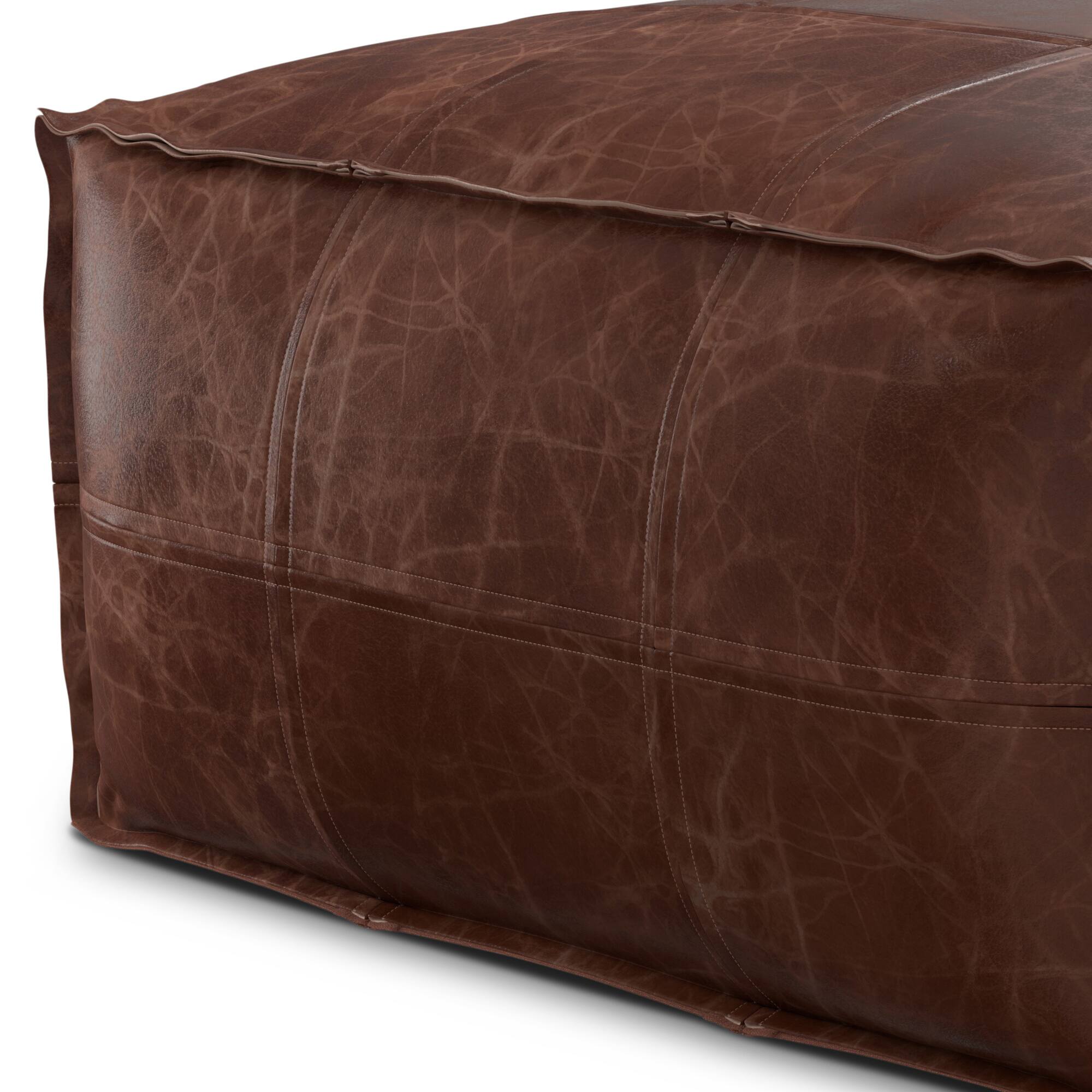 Alt View 5. Simpli Home - Simpli Home Sheffield 26 inch Wide Square Coffee Table Pouf in Distressed Brown Genuine Leather - Distressed Brown.