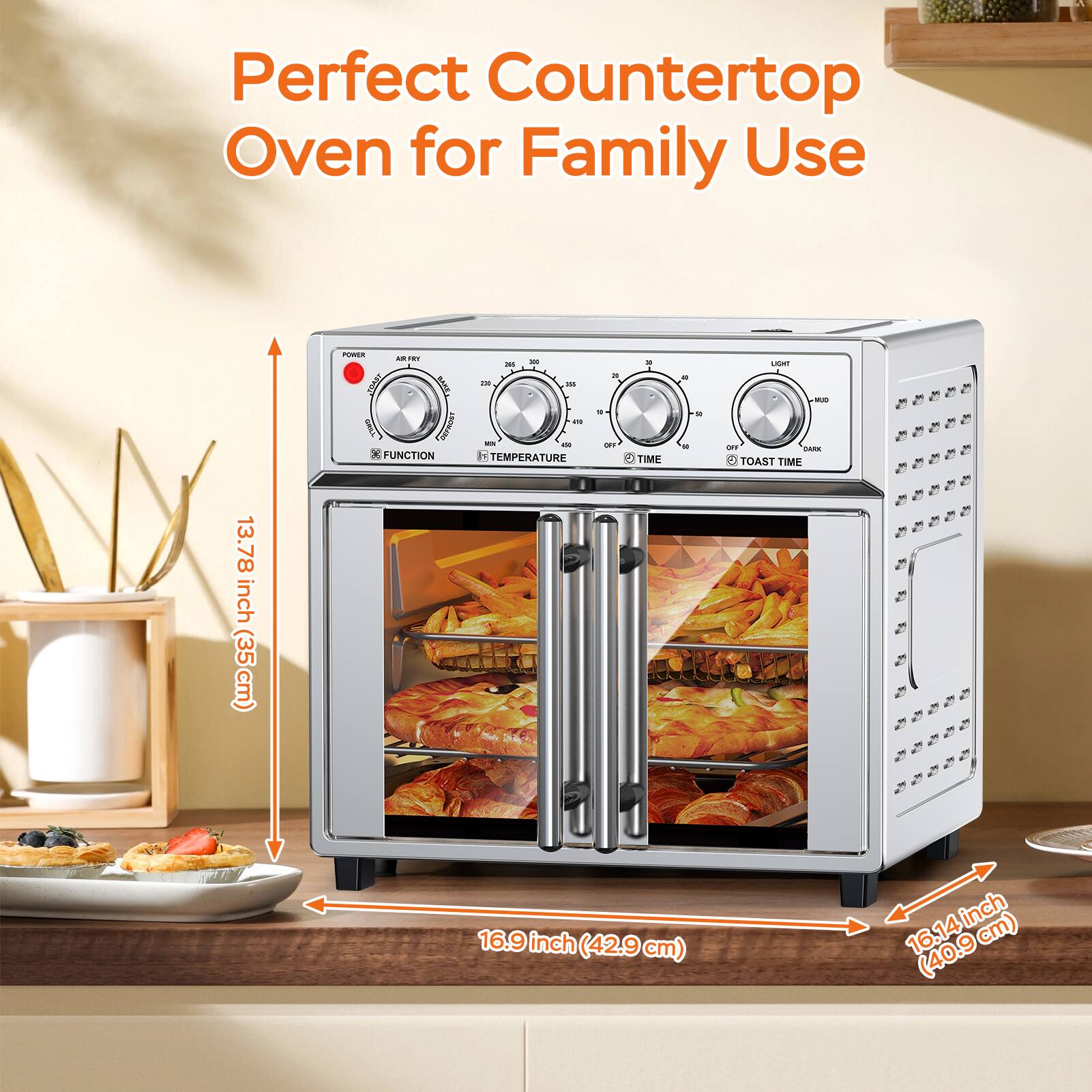 Perfect Countertop Oven for Family Use

- Height: 13.78 inch (35 cm)
- Width: 16.9 inch (42.9 cm)
- Depth: 16.14 inch (40.9 cm)

Controls:
- Power
- Function
- Temperature
- Time
- Toast Time
- Light
- Mud