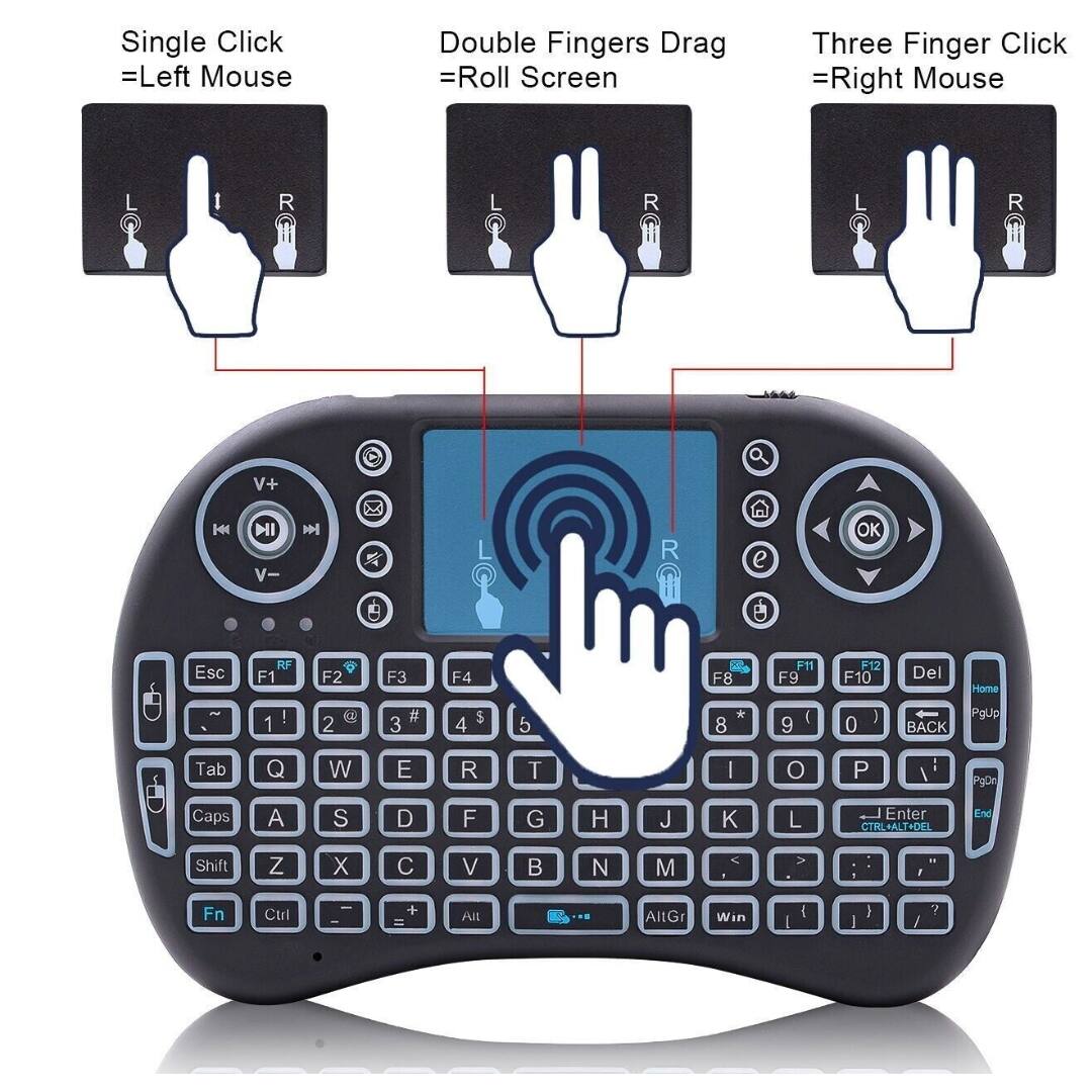 Single Click = Left Mouse
Double Fingers Drag = Roll Screen
Three Finger Click = Right Mouse

V+ H
V- M
R e
OK 9
Esc RF
F1 F2 F3 F4
F8 F11 F9 F12
Del Home
1 ! 2 3 # 4 $ 5
8 * 9  0 )
BACK PgUp
Tab Q W E R T I o P
gCn Caps A S D F G H J K L
Enter CTRLALT+DEL
End Shift Z X C V B N M
Fn Ctrl + - Al AltGr Win