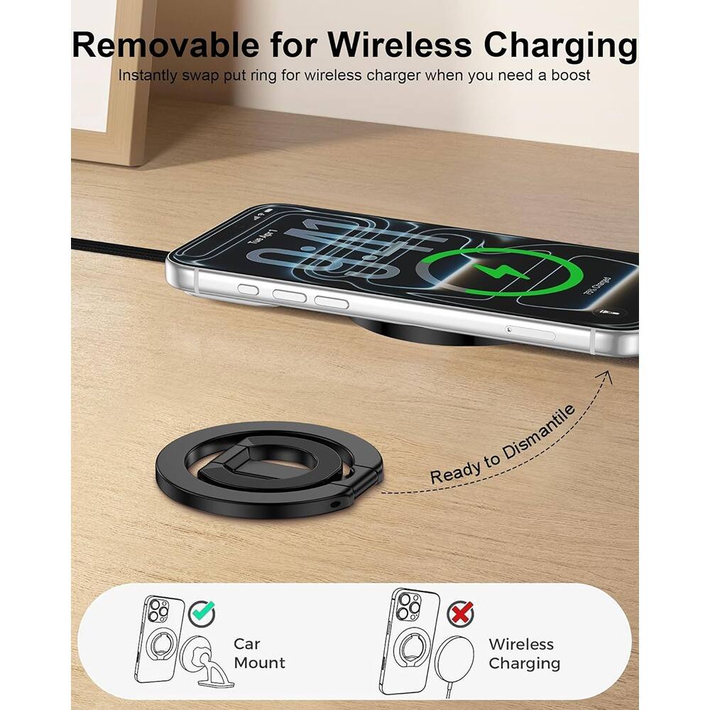 Removable for Wireless Charging  
Instantly swap put ring for wireless charger when you need a boost  

Car Mount  
Wireless Charging  

Ready to Dismantle
