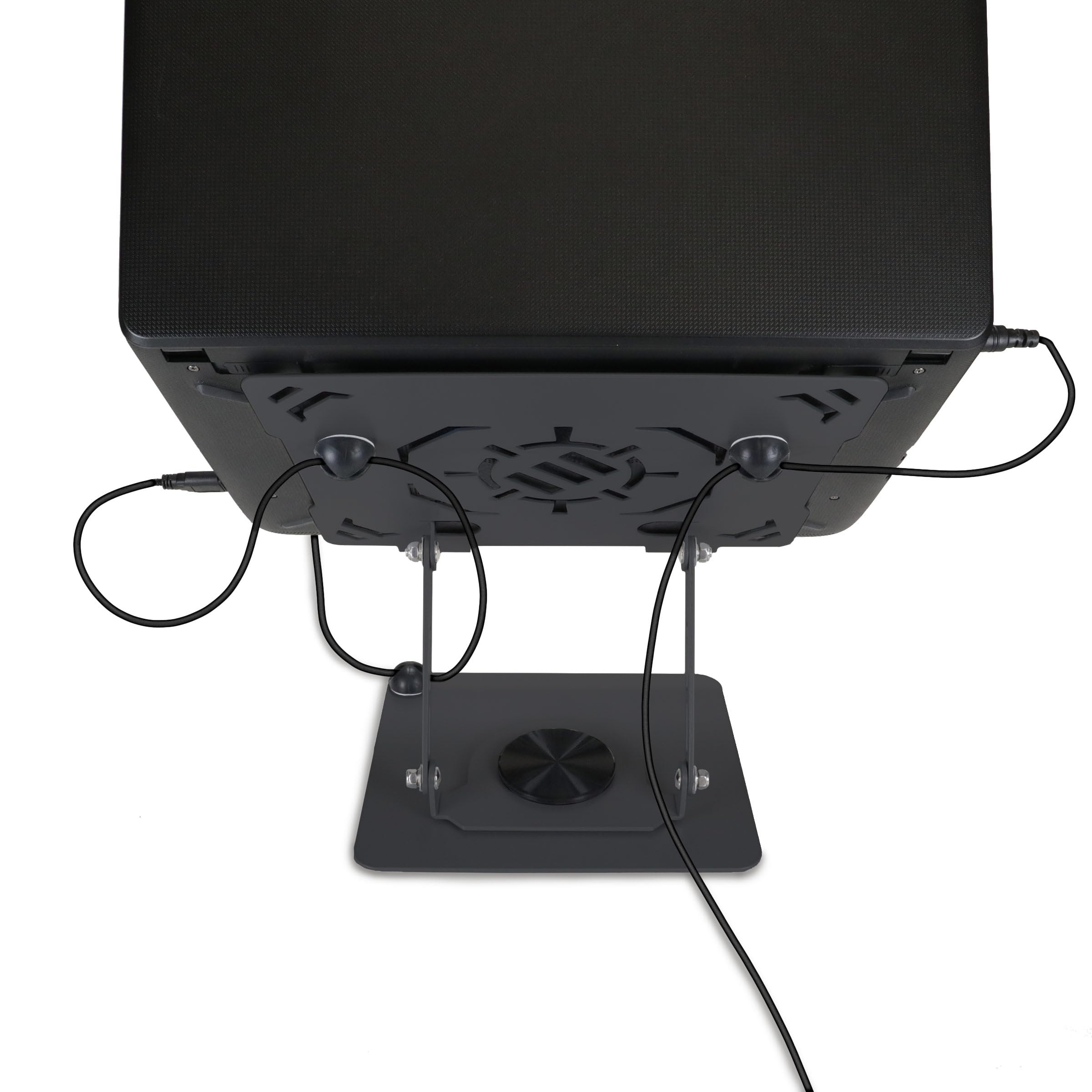 Left. HongFei - R1 Rotating Laptop Stand with 3 Cable Holders - Adjustable Laptop Riser for Desk, Metal Foldable Stand - Black - Black.