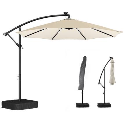 Front. Outsunny - ft Cantilever Patio Umbrella with Light, Weight, Offset Hanging Outdoor Umbrella with Protective Cover - Cream White.