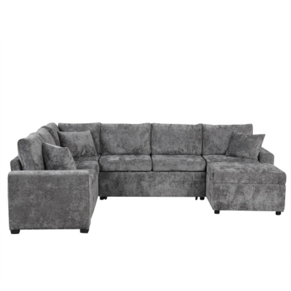 Alt View 4. LUCKY ONE - 112.2" Pull-Out Sectional Sofa Bed w/ Storage Ottoman 3 Pillows USB Ports Power Sockets - Grey.