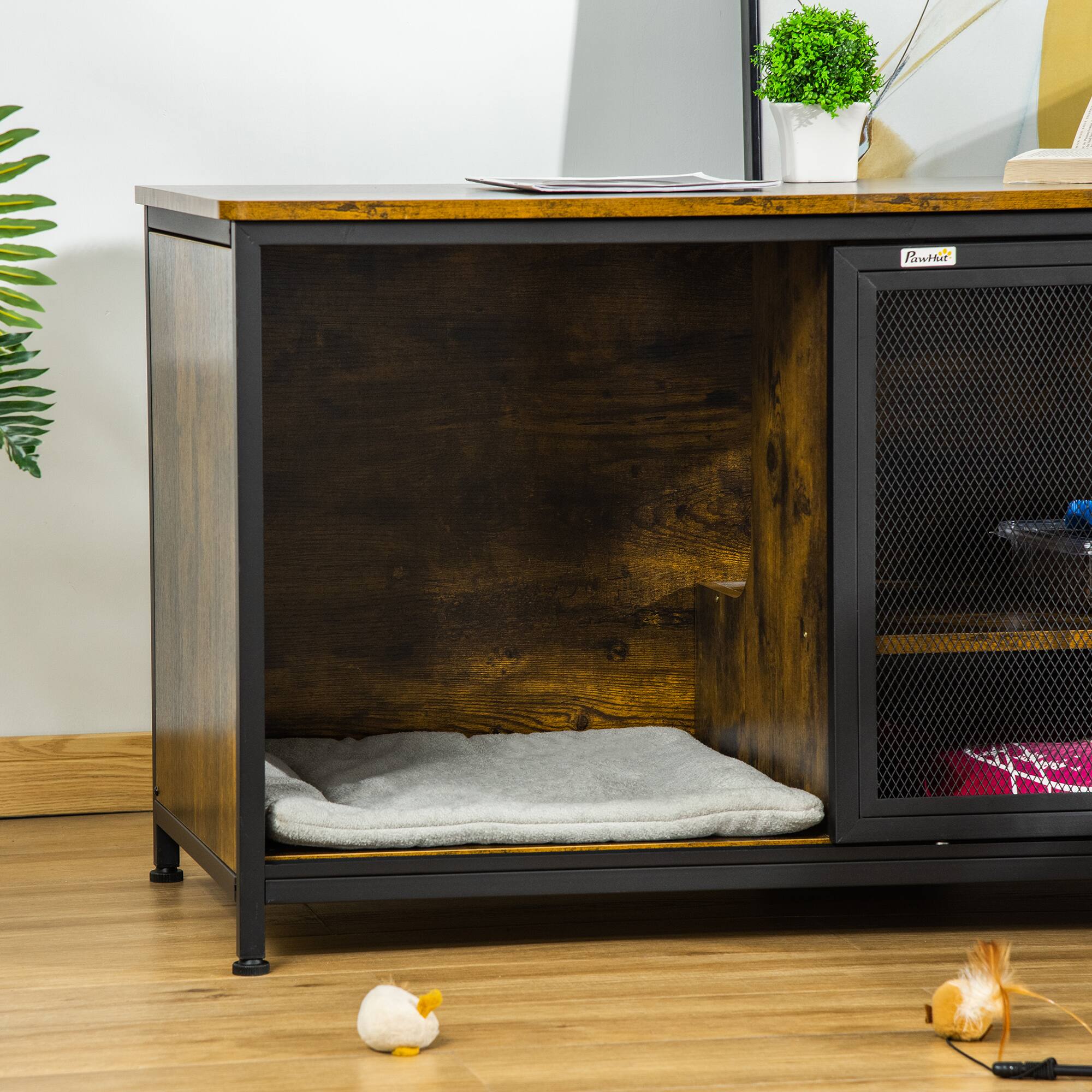 Alt View 5. Pawhut - Wooden Cat Crate, Furniture Style Dog Cage, Puppy Kennel Indoor, End Table Pet House with Cushion, Sliding Doors.