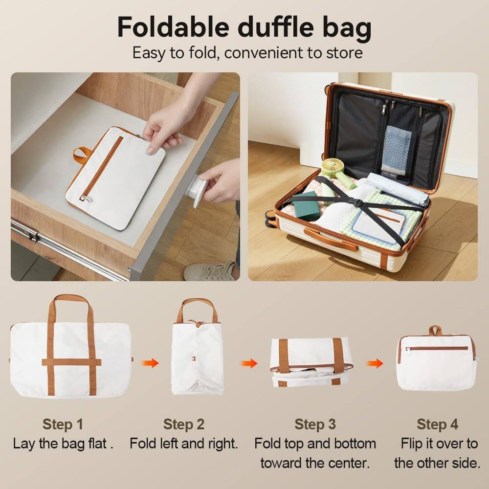 Foldable duffle bag  
Easy to fold, convenient to store  

Step 1: Lay the bag flat.  
Step 2: Fold left and right.  
Step 3: Fold top and bottom toward the center.  
Step 4: Flip it over to the other side.