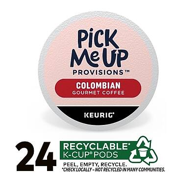 Pick Me Up Provisions  
Colombian Gourmet Coffee  
Keurig  

24 Recyclable K-Cup Pods  
Peel, Empty, Recycle  
Check Locally - Not Recycled in Many Communities
