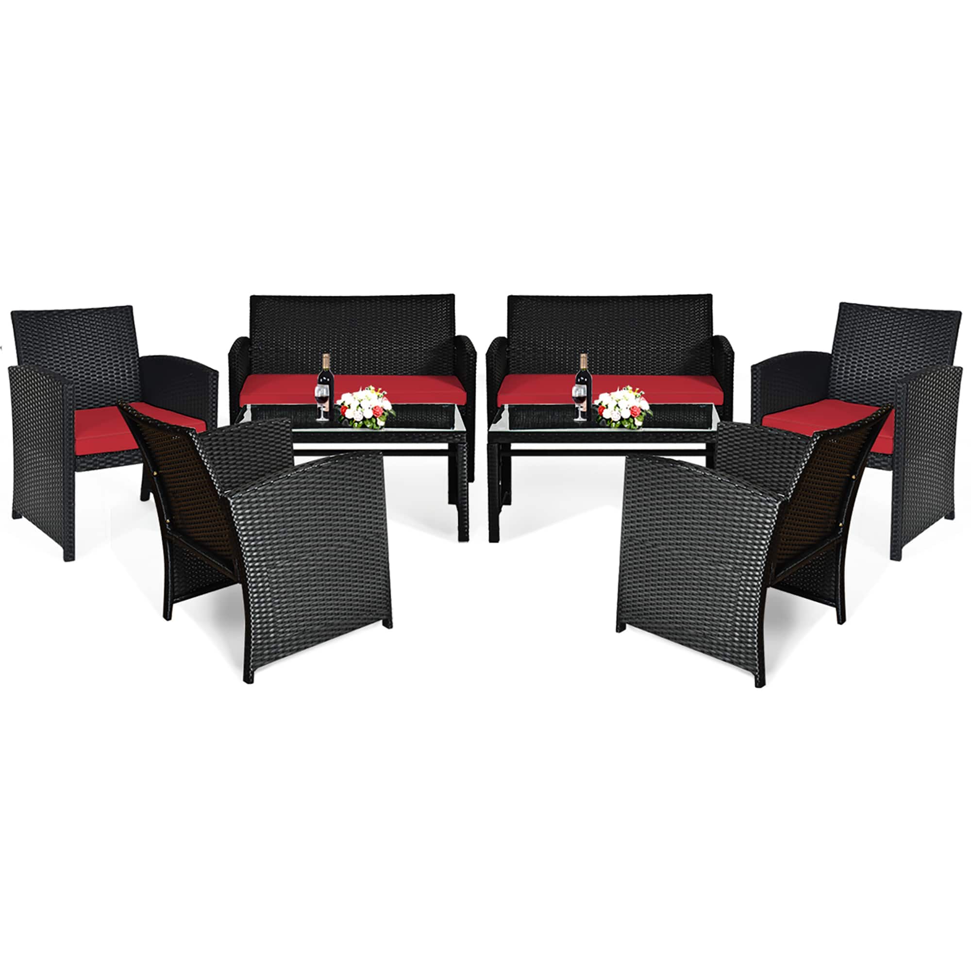 Costway - 8PCS Patio Rattan Furniture Conversation Set Cushion Sofa Table Garden - Red